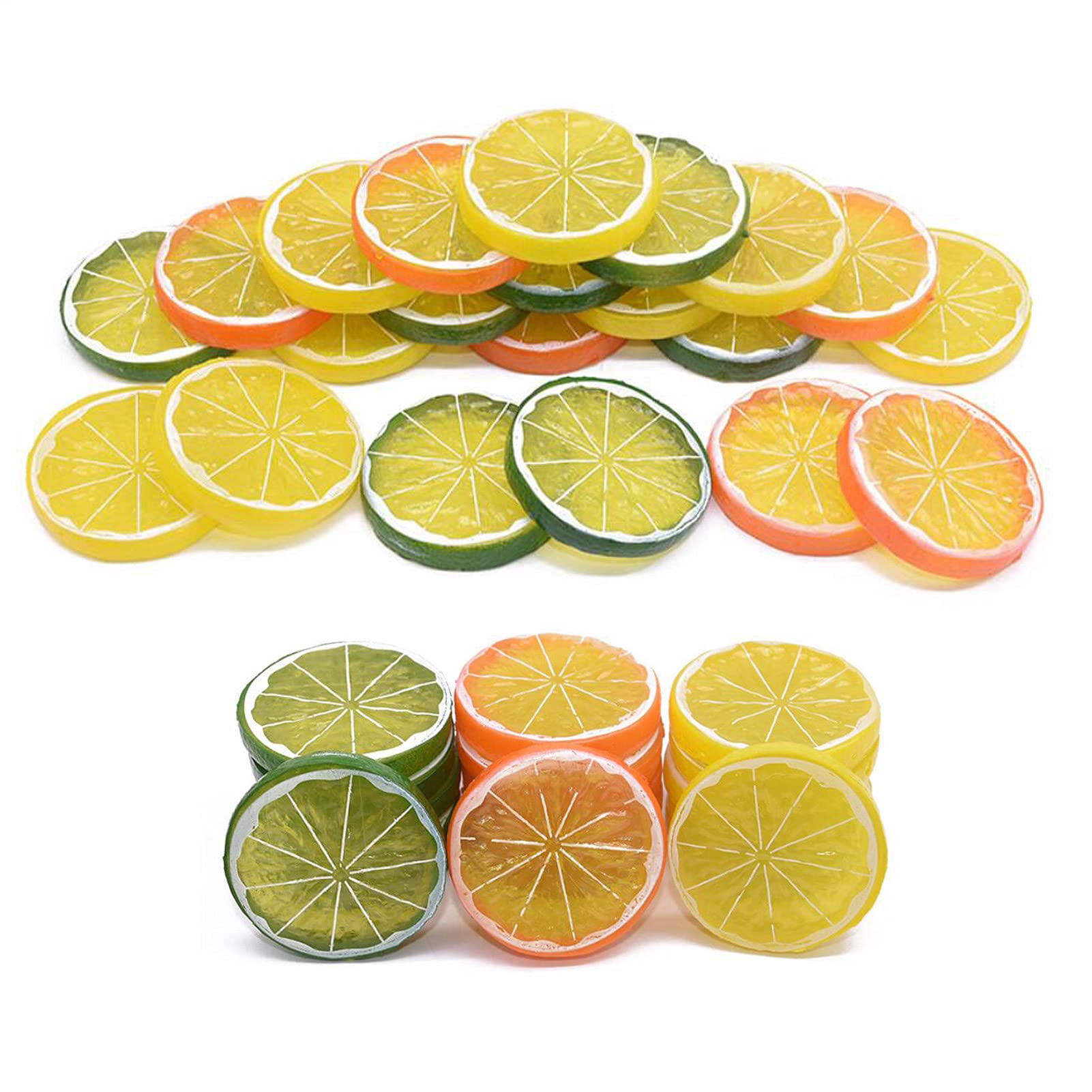 CiCy 30 Pieces Simulation Lemon Slices Plastic Lifelike Fake Fruit Model Artificial Lemon Props for Party Kitchen Wedding Decoration Photography Props, Orange, Green and Yellow