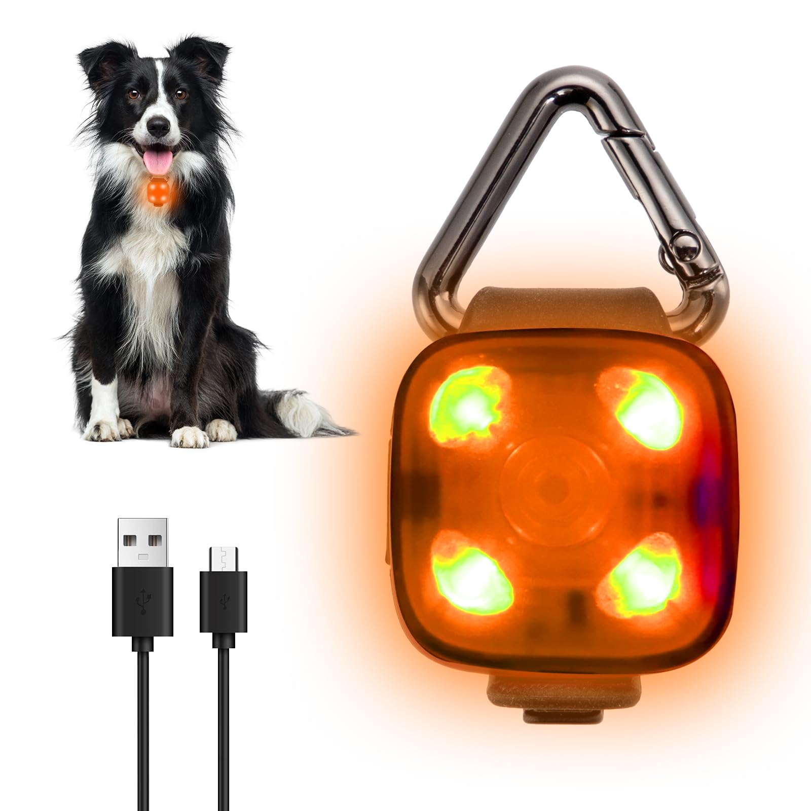 LED Dog Collar Light Rechargeable Clip On – Waterproof USB Pet Safety Light for Dogs, Cat & Owner Visibility, Ideal for Night Walking, Running & Camping (Orange)