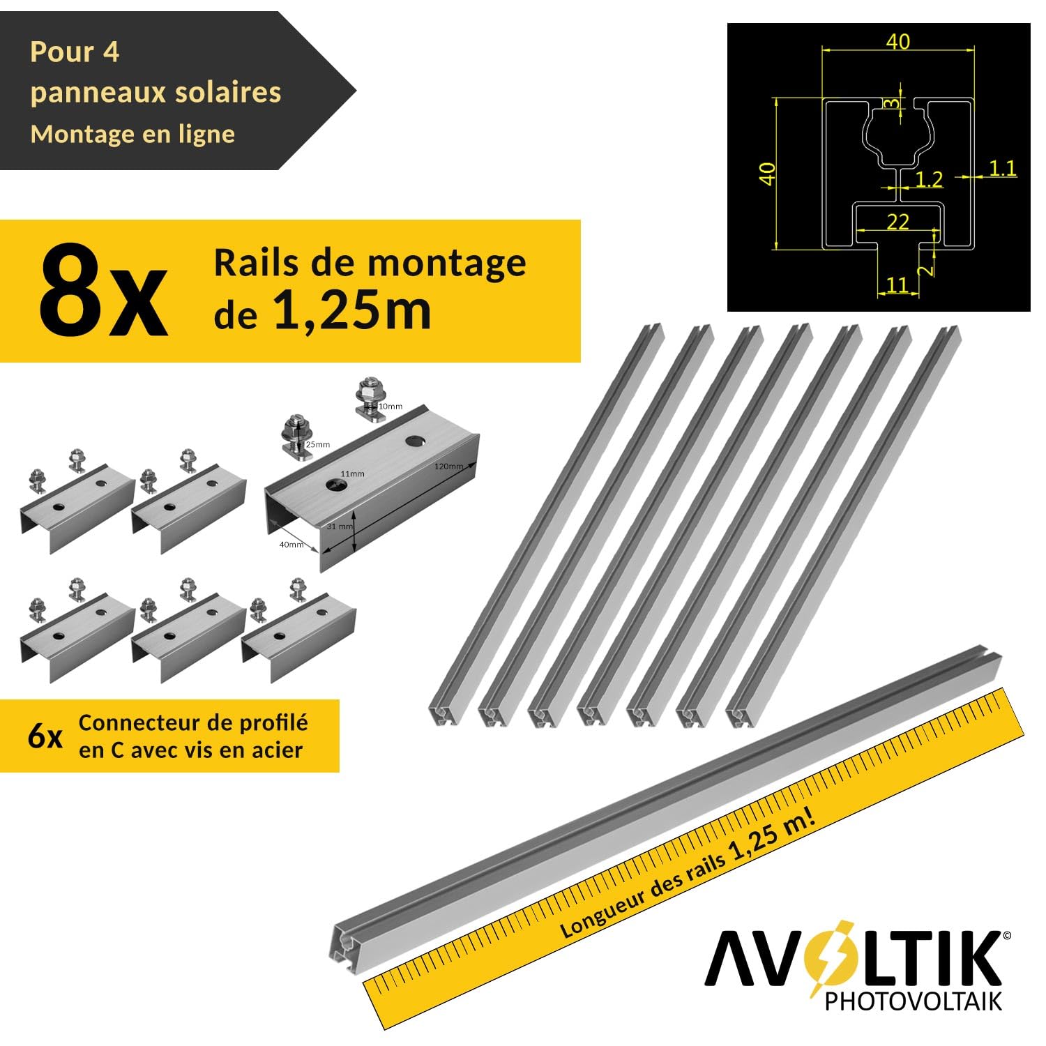 Support solaire pour toit en tuiles | Kit de montage pour 4 panneaux I Lot de crochets de toit en acier inoxydable 3 fois fixés. Pinces de rail de montage en aluminium