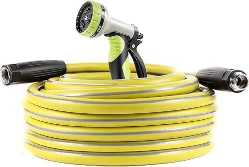 Macuvan Manguera de jardín de 50 pies, manguera de agua resistente con boquilla de pulverización de 9 vías y 4 capas flexibles híbridas de latón