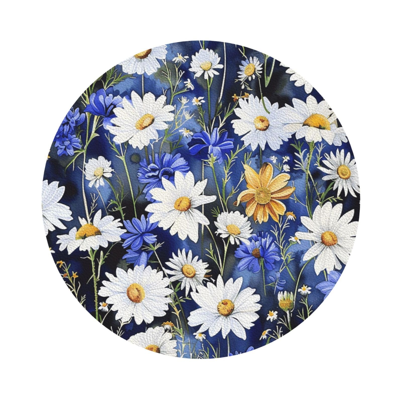 Wild Flowers and Cornflowers Daisies Print Leather Coaster Set of 6, Round Shape Coasters Table Decorative Coffee Cup Beverage Coasters Wine Beer Bar Coasters for Hot Drinks Table Protection