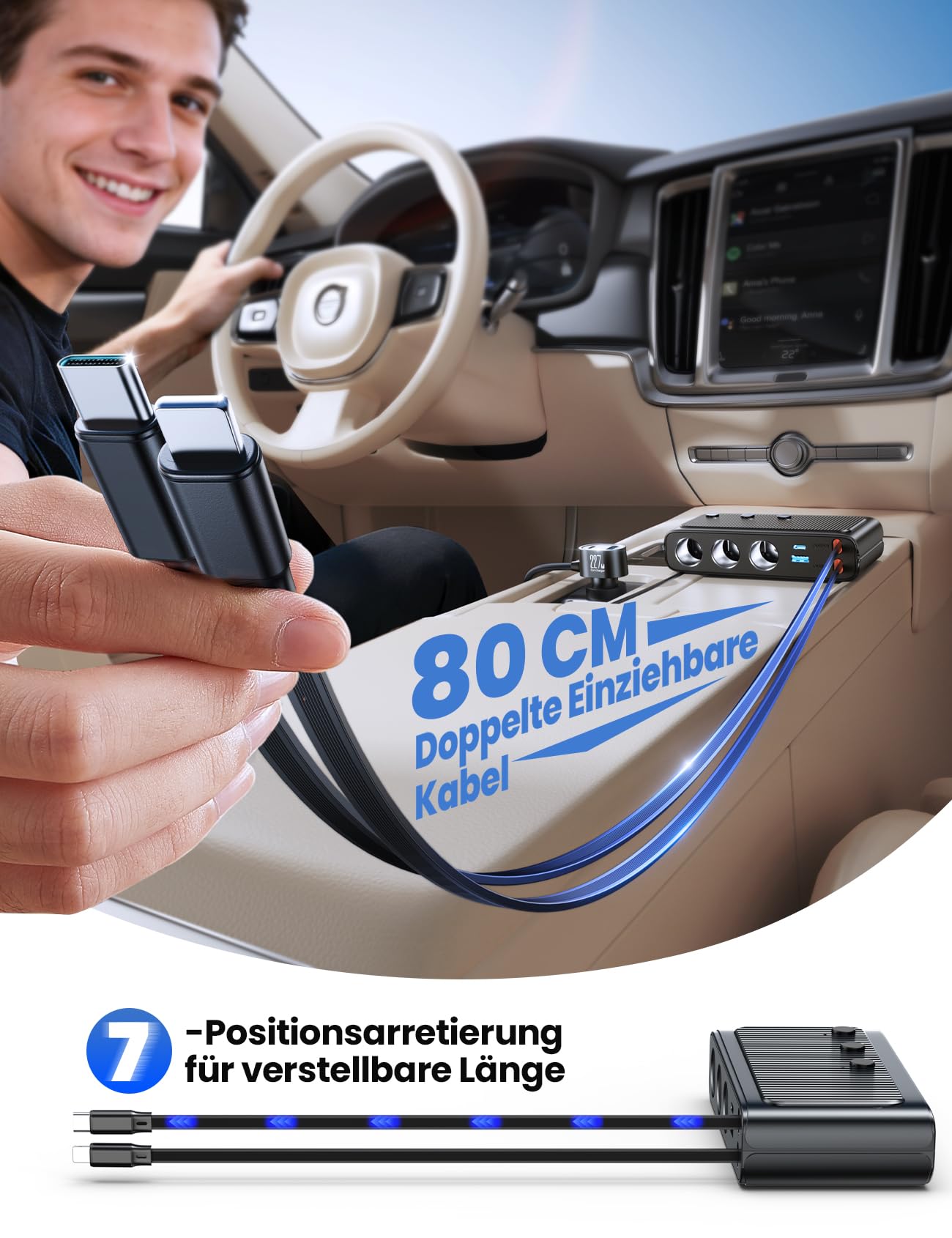 JOYROOM 227W Zigarettenanzünder Verteiler 9 in 1, Auto KFZ Ladegerät Adapter mit 80cm einziehbare 45W Typ-C & Lightning Schnellladekabel, 3 Fach 12V/24V Stecker mit Separatem Schalter für iPhone 17