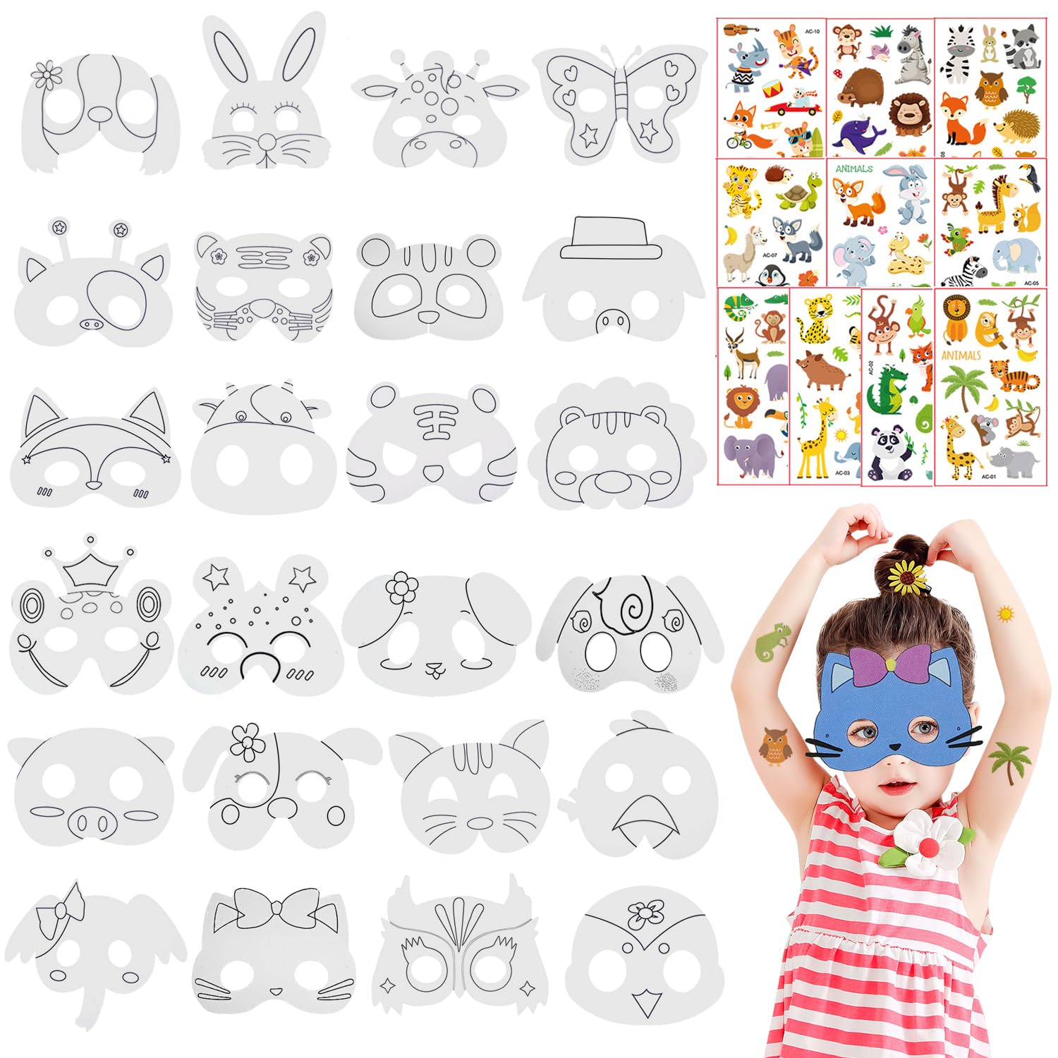 W Rxkiocs 34 Pezzi Maschere Animali Maschera Animale Set di Carta per Bambini con Adesivi per Tatuaggi di Animali per Bambini per Feste Nella Giungla Halloween Feste in Maschera