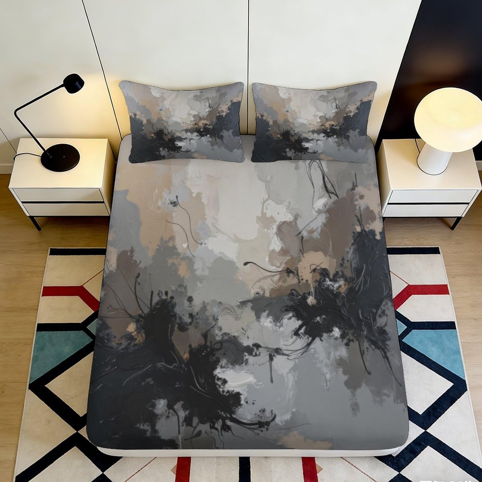 Pnayamiorkfel Style-9 3D Printed Abstract Ink Fitted Sheet Microfiber Soft Grey Black Swirl Mattress Cover For Bedroom Guest Room Decor 90X200x25cm