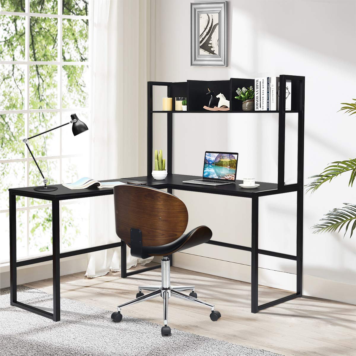 Tangkula Reversible LShaped Desk with Hutch, Space Saving Corner