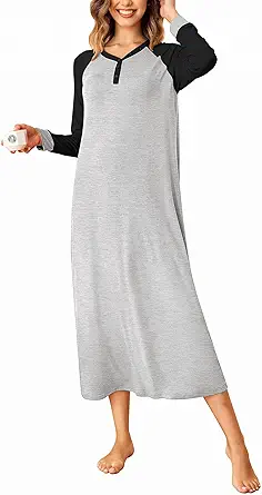 Ekouaer Nightgown Long Sleeve for Women Sleepwear V Neck Loungewear Button Full Length Nightshirt