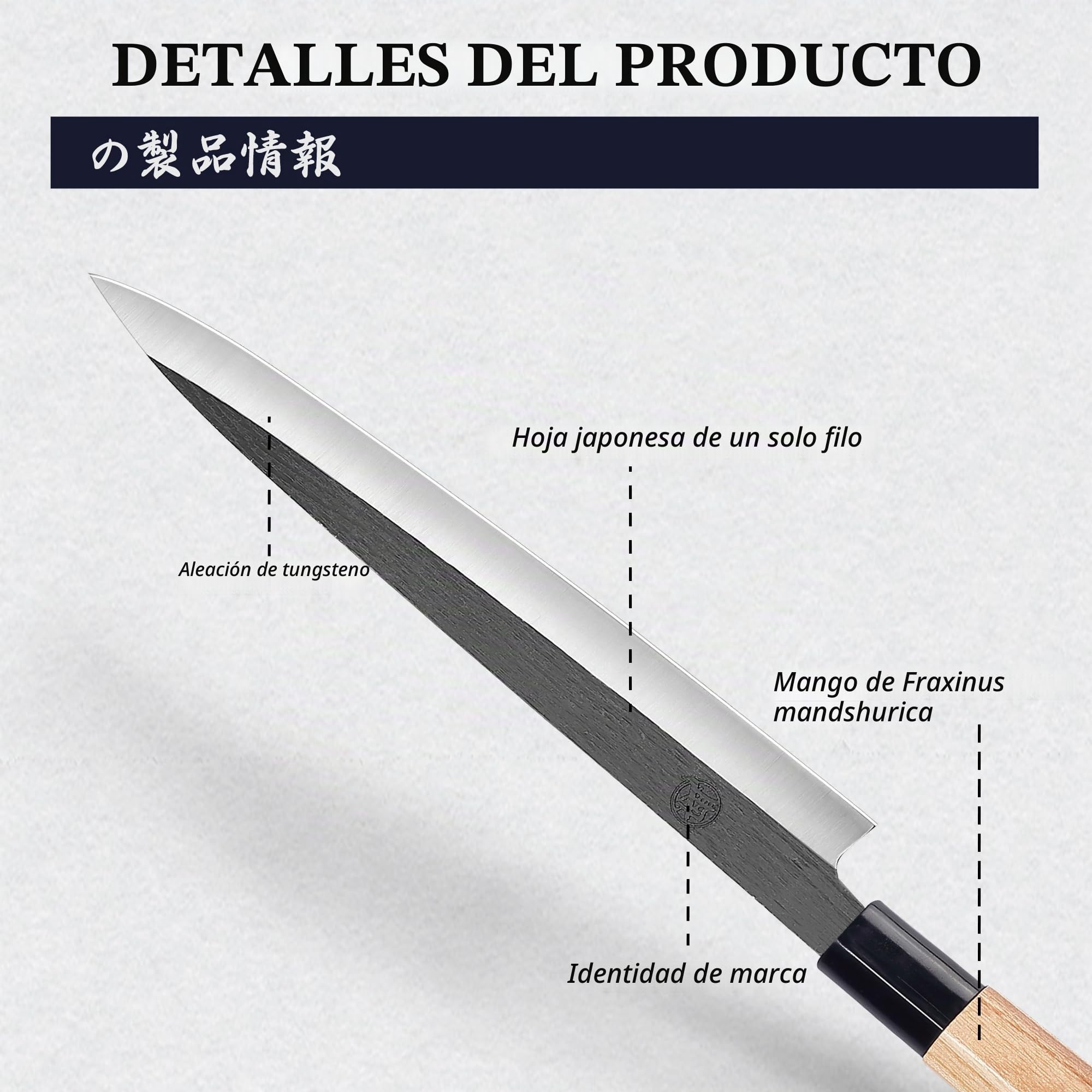 MITSUMOTO SAKARI Cuchillo Sashimi de un Solo Filo, 26 cm Cuchillo Yanagiba | Cuchillo Japones de Tungsteno, Cuchillos Sushi de Japoneses Profesional Forjado, Mango Fraxinus Mandshurica y Caja de Regalo