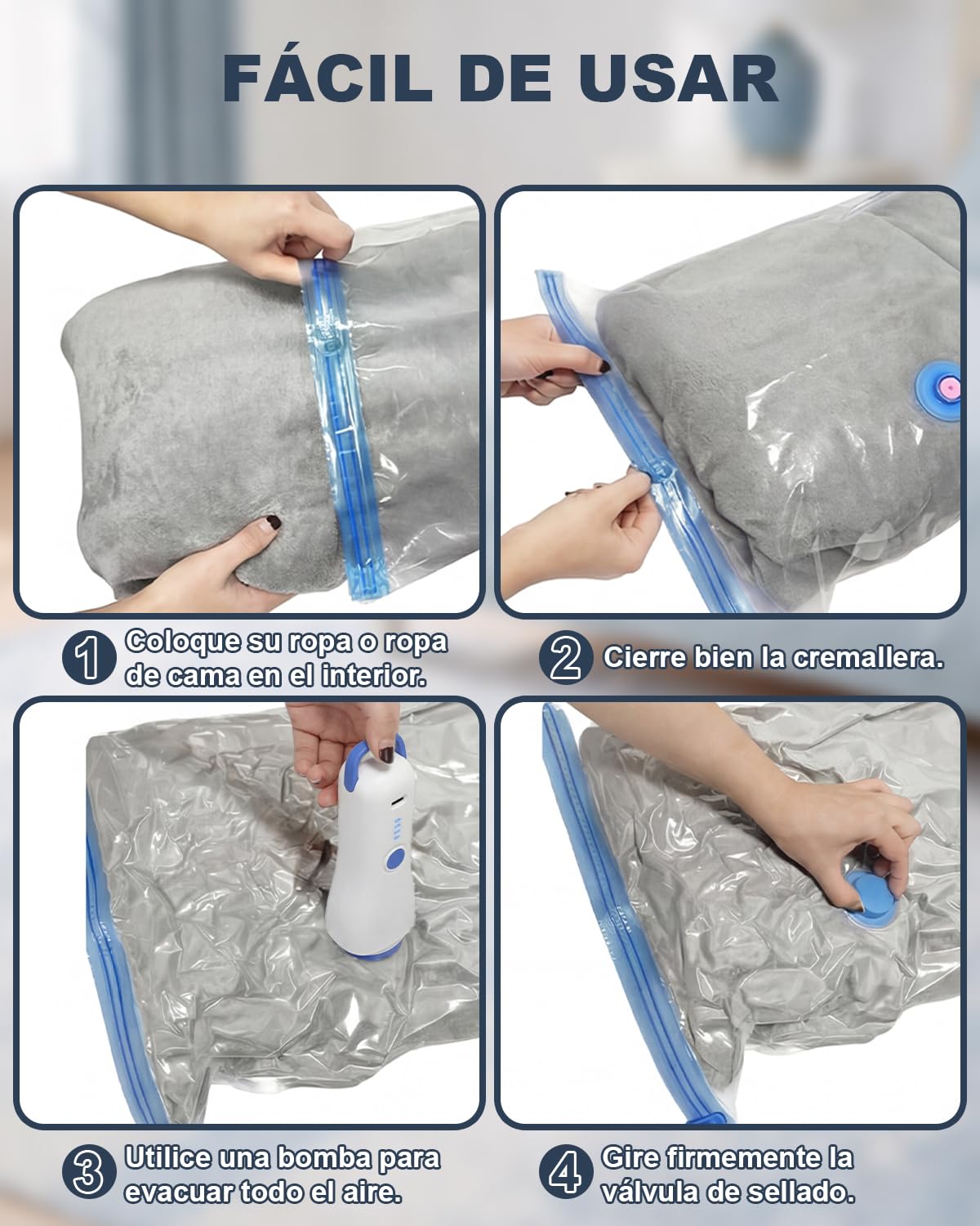 Paquete de 12 bolsas de almacenamiento al vacío (4 de 100 x 80 cm, 4 de 74 x 54 cm y 4 de 64 x 47 cm) con bomba eléctrica y doble cremallera, impermeables y herméticas. — view 9