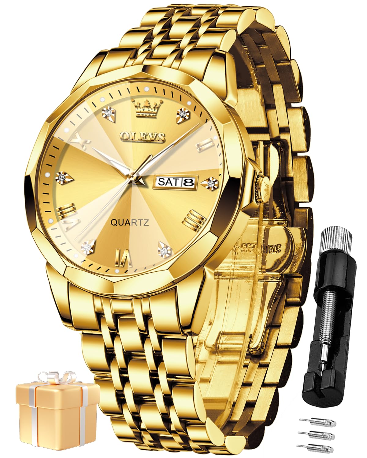 OLEVS Watch for Men Analog Quartz Dress Diamond Business Watches Two Tone Stainless Steel Waterproof Luminous Date Luxury Wrist Watch