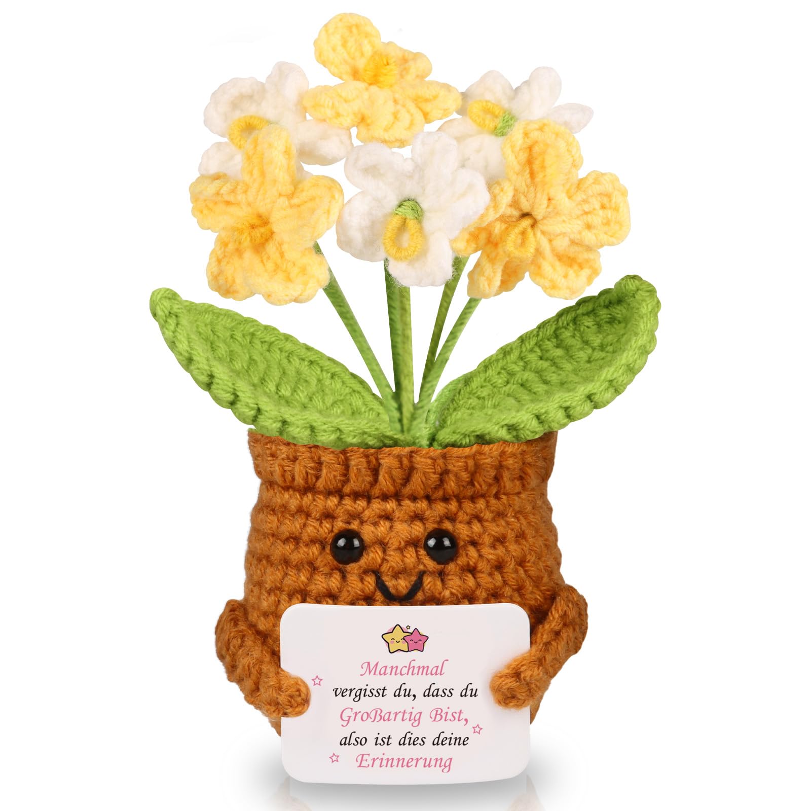 WenmthG Gestrickte Gelbes Vergissmeinnicht Deutsch Glücksbringer Anti Stress Kleines Geschenk für Schwester Freundin Frauen Kollegen Freunde, Beste Freundin Geschenke Positive Kartoffel Deutsch Ersatz