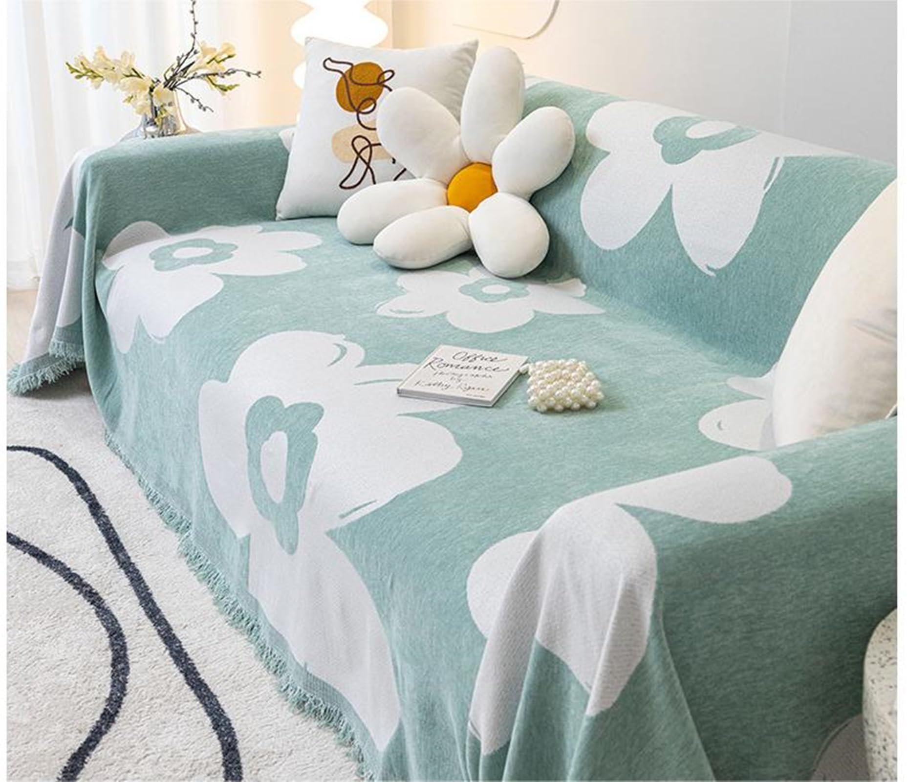 Plaid Couverture Canapé, 180x380CM, Convient à 4 Places, Motif Fleurs à Franges, Vert Clair, Housse de Canapé Chenille Protection, Anti Griffe de Chat