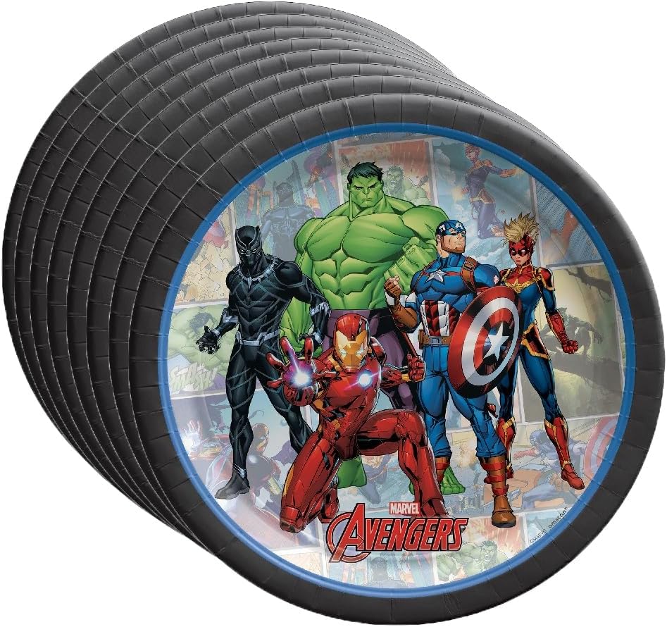 Avengers Birthday Party Supplies Bundle includes Dessert Cake Paper Plates and 1 Dinosaur Sticker Sheet