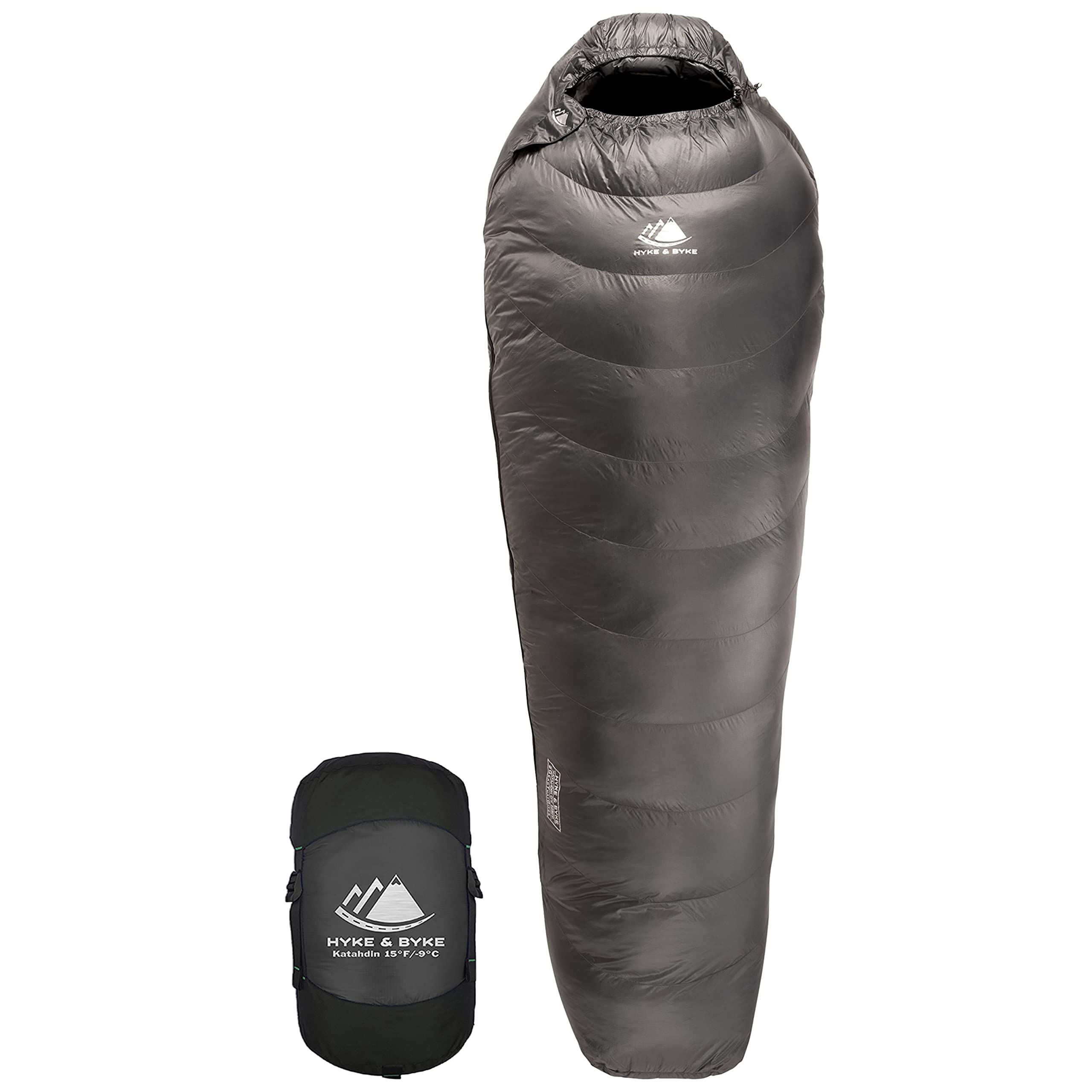 Hyke & Byke Katahdin 15F 625 Fill Power Hydrophobic Sleeping Bag with Advanced Synthetic - Ultra Lightweight 4 Season Men and Women Mummy Bag Designed for Backpacking (Charcoal Gray, Regular)