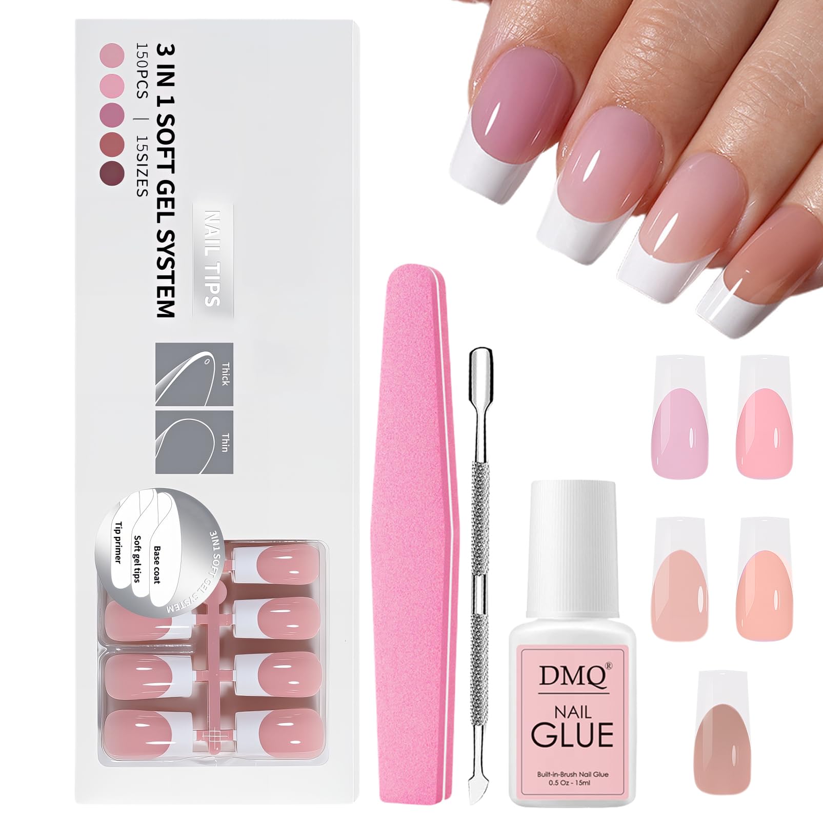 150Pcs French False Nails Kit, Medium Square Fake Nails, 15 Size Nude Pink Coffin Press on Nail