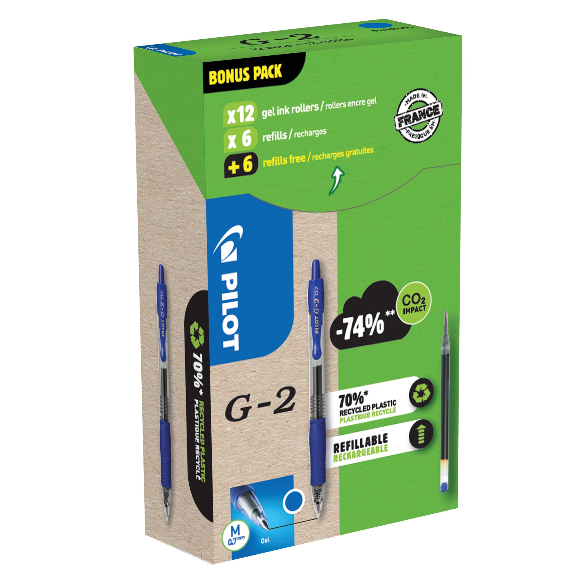 Greenpack G-2 Gel, 0.7mm, Blue, 12 Pens and 12 Refills, WLT556183