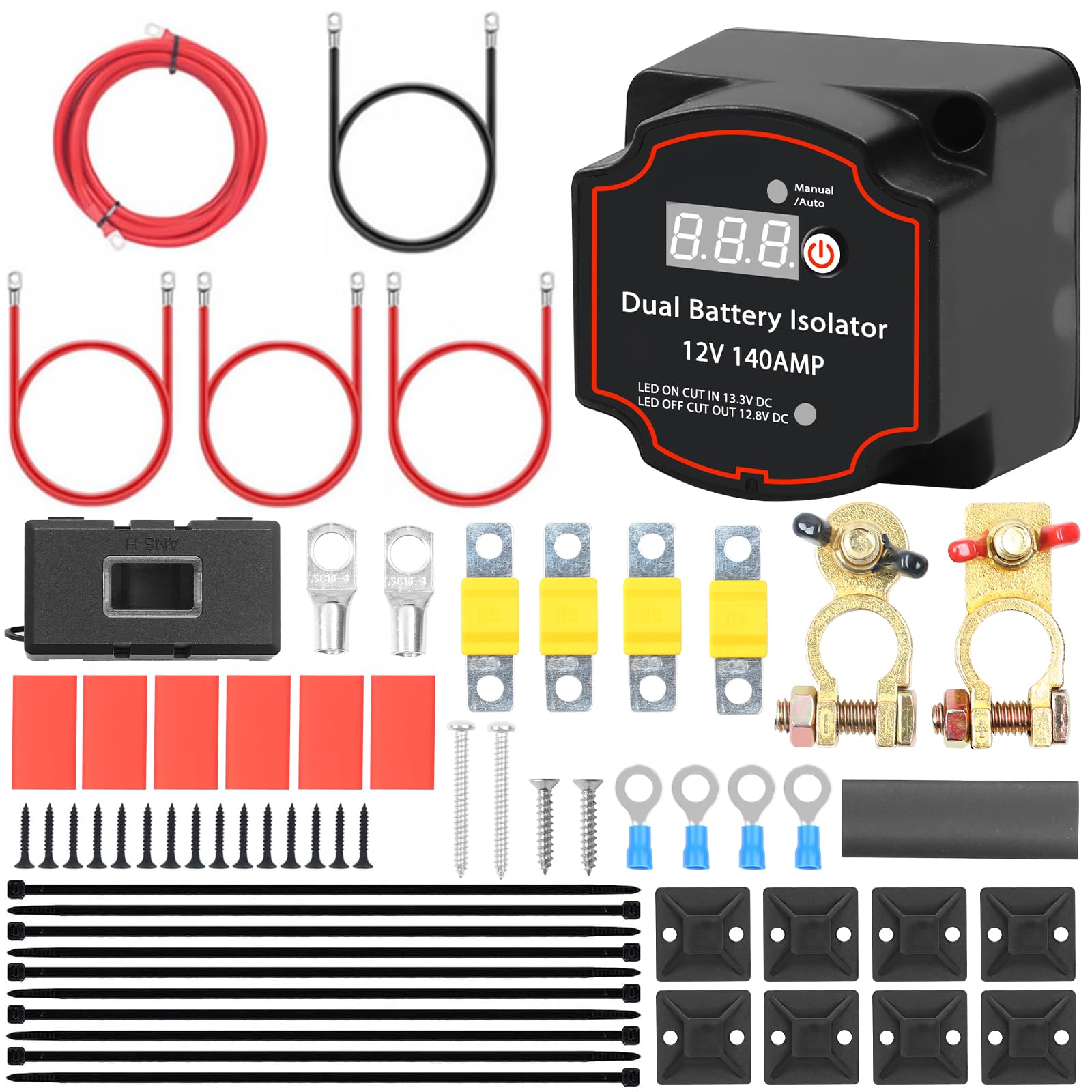 3M Split Charge Relay Kit,12V 140Amp,Dual Smart Battery Isolator Kit,Manual/Auto Modes VSR-Voltage with LED Screen Waterproof,for RV Marine Car Vehicle Truck Caravan Campers Vans ATV UTV Boats