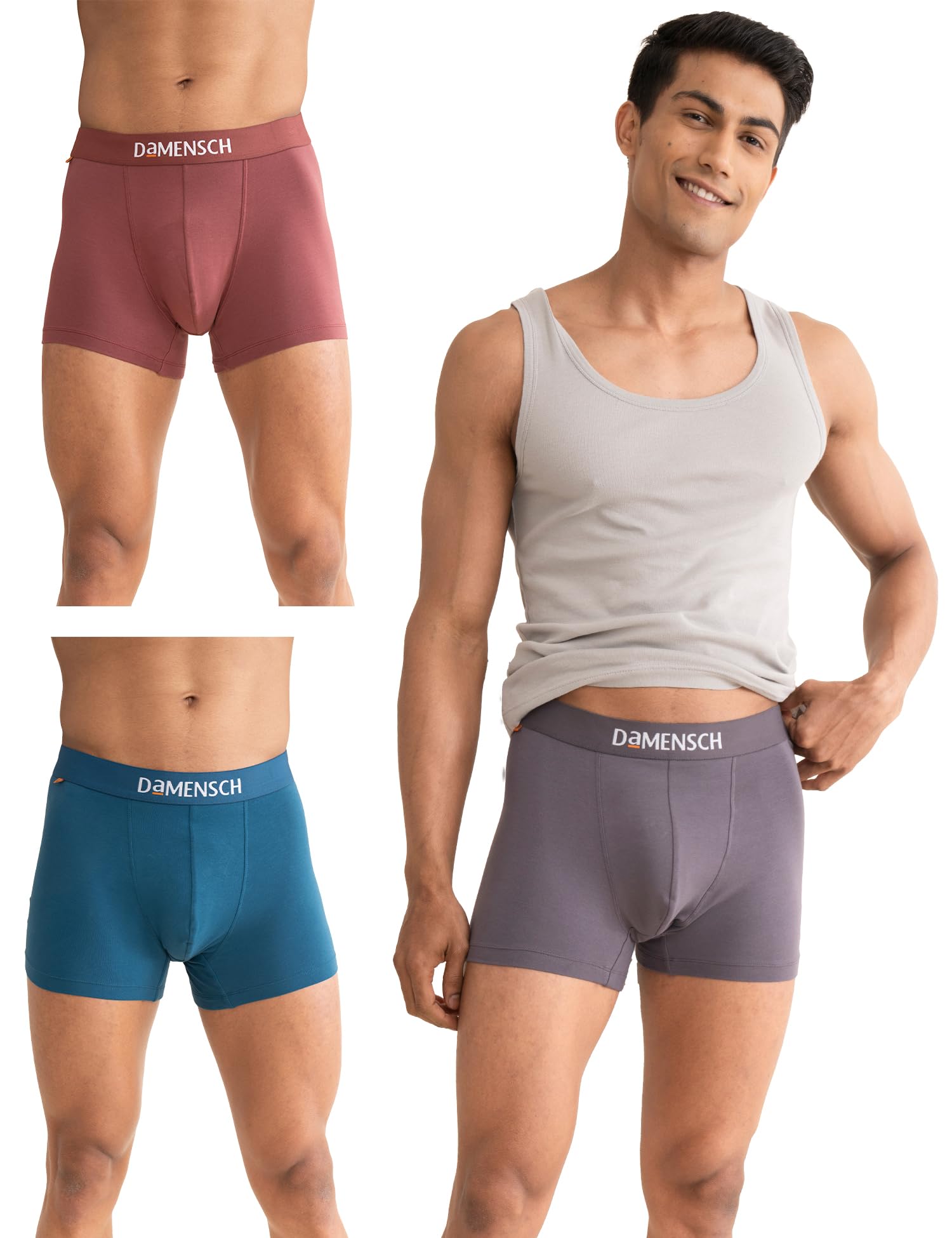 DAMENSCH Regular Fit Solid Cotton Blend Trunk Underwear Anti-Bacterial Moisture Wicking Breathable Microfibre Waistband Deo-Cotton Trunks for Men-Rabbit, Marsala, Lysons Blue-L
