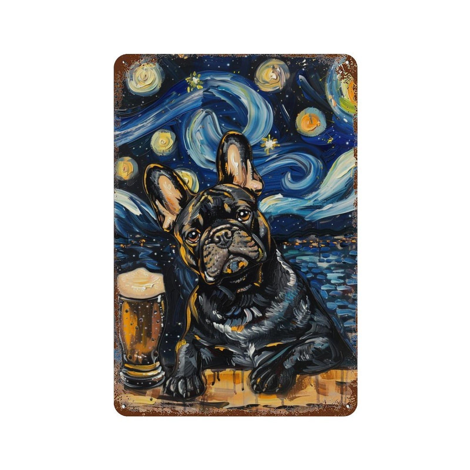 Starry Night Bulldog with Beer -1 Aged Metal Wall Plaque 11.8"x7.9", for Office, Studio And Wall Decor, Novelty Wall Decor