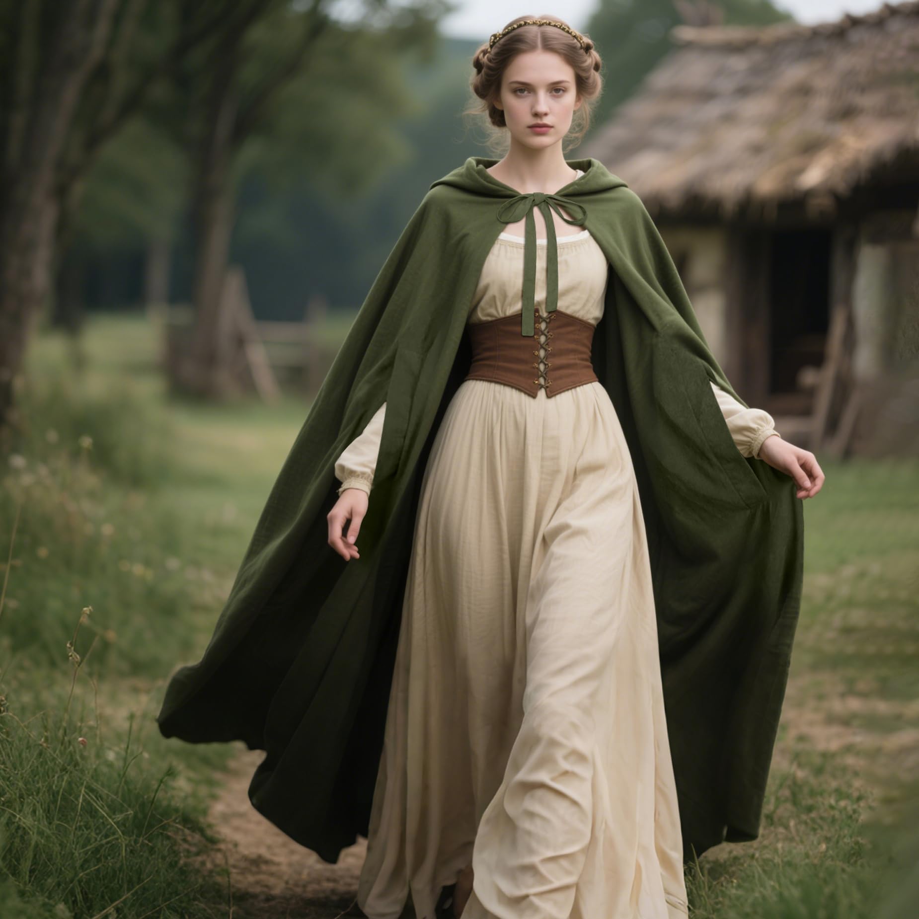 Keland Capa renacentista con capucha para mujer, capa medieval con capucha y agujeros para las mangas para Halloween (verde ejército)