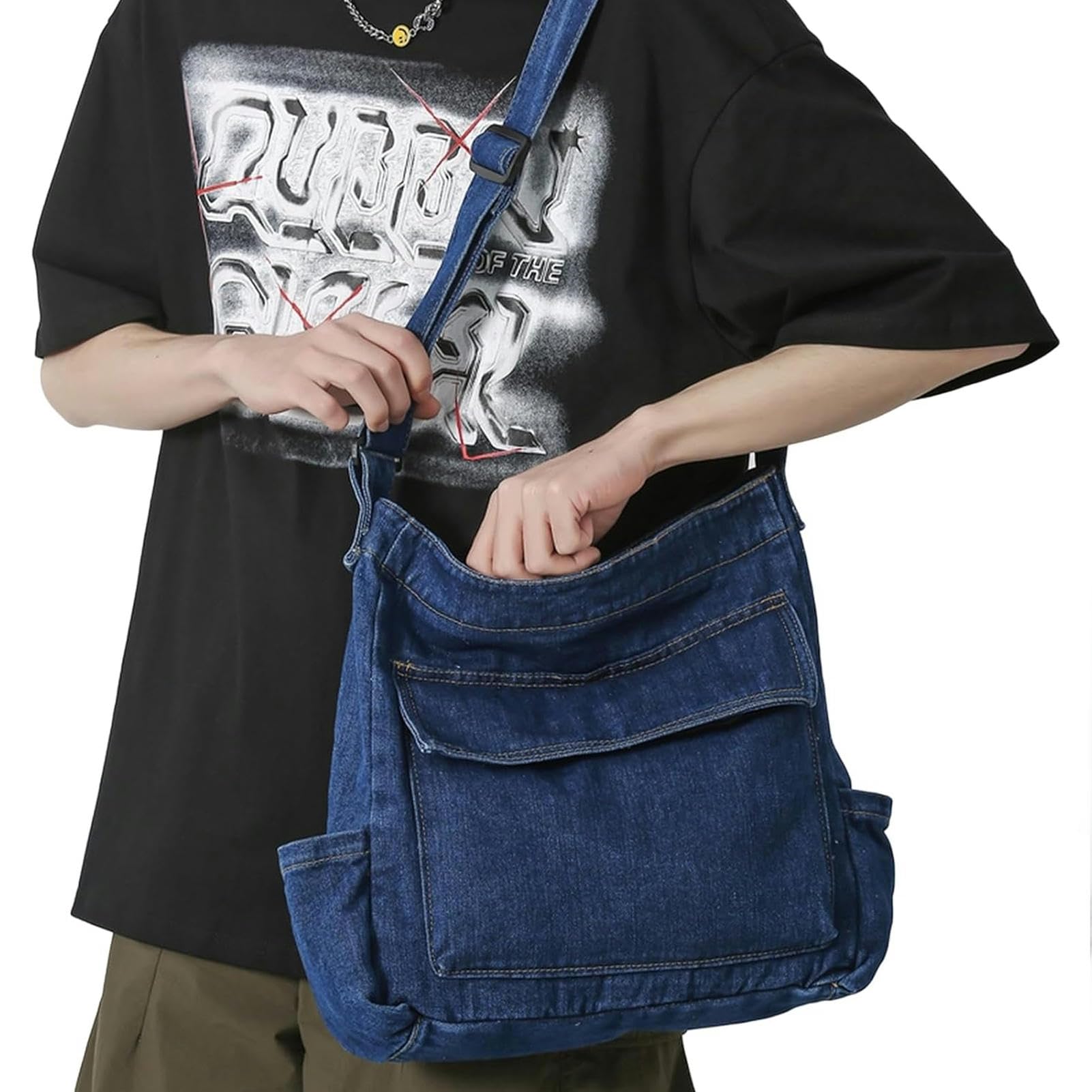 Borsa Donna Tracolla Borsa A Tracolla A Spalla Blu Lavata in Denim - Borsa A Traversa di Grande capacità per La Scuola E L'uso Quotidiano-Dark Blue-33x11x33cm