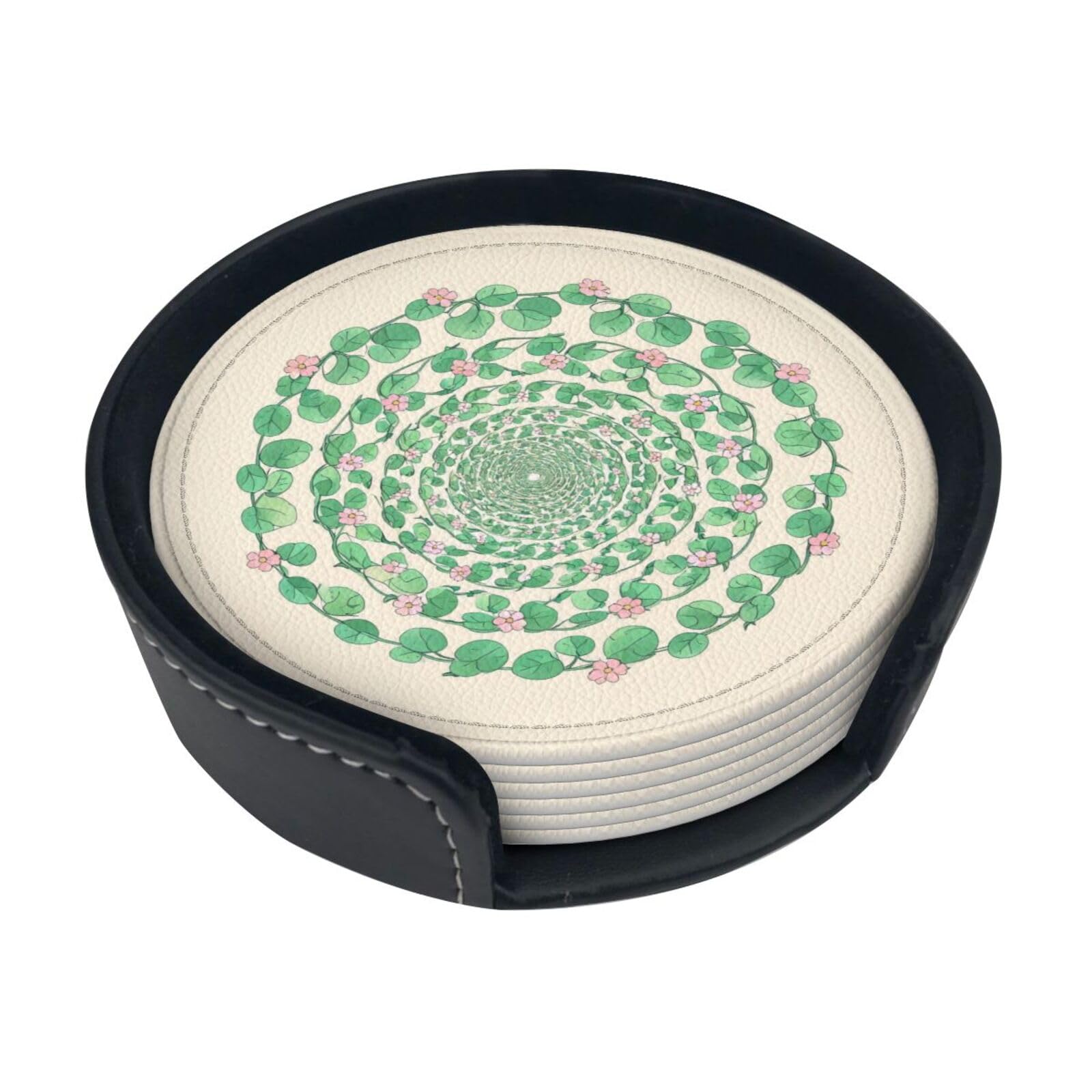 Round flower Leather Coasters-Set of 6 with Storage Holder
