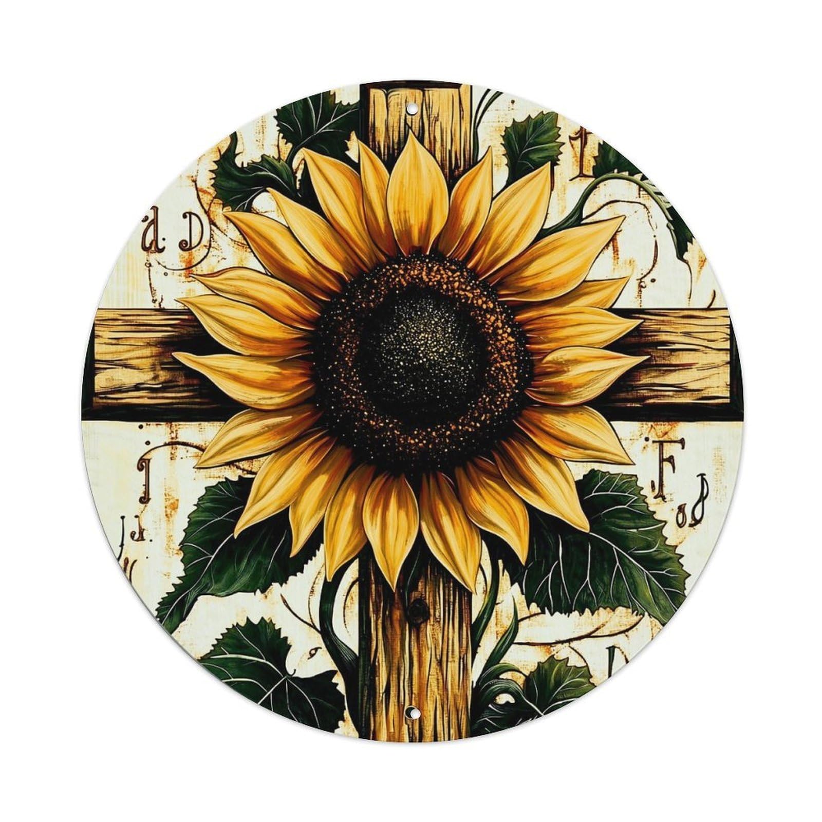 Sunflower On Cross Pattern Vintage Metal Tin Sign Retro Wall Decor for Home Bar Garage Cafe, Indoor & Outdoor Decorative，circle Metal Poster, 8x8 Inch