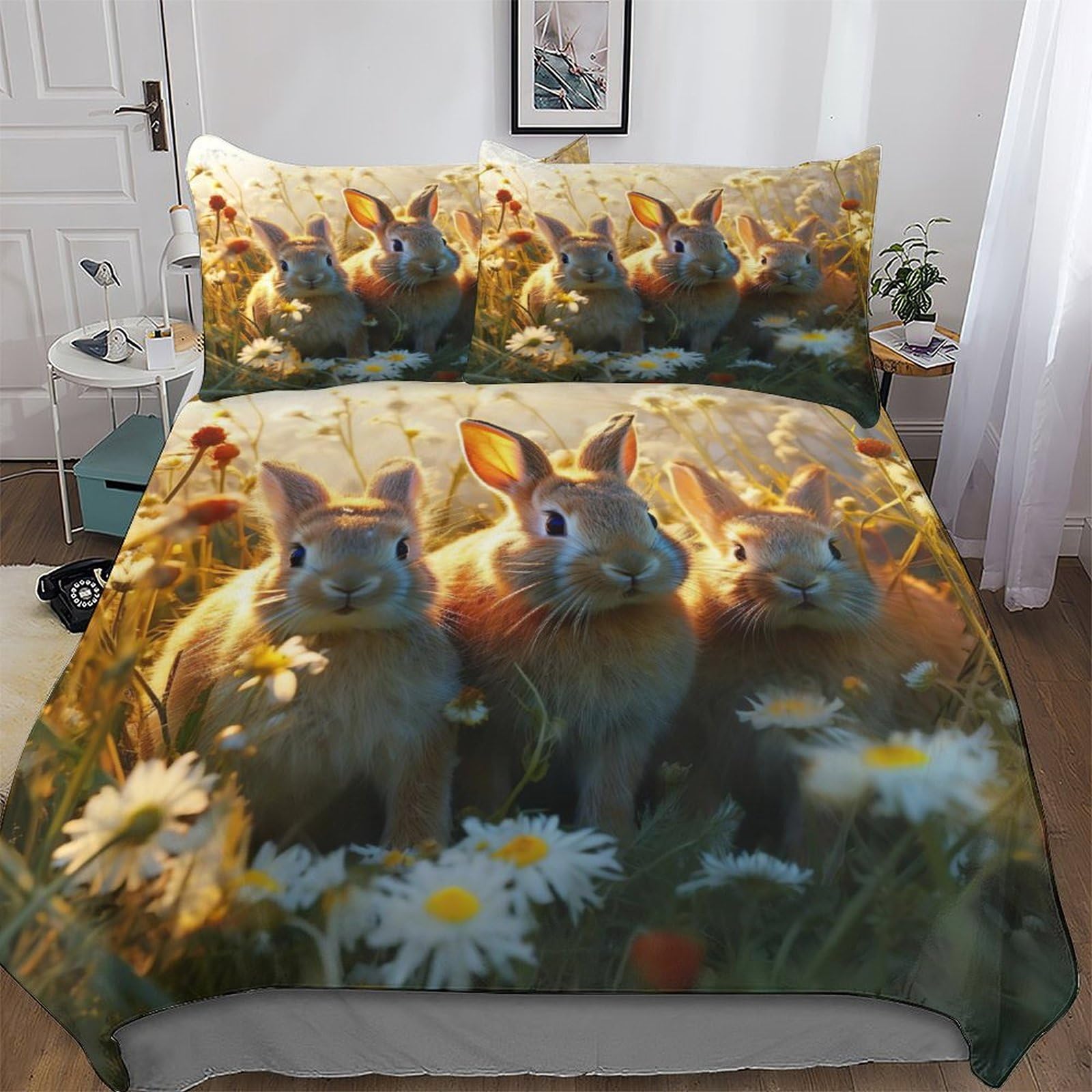 Housse de couette 3 pièces douce en microfibre anti-plis imprimé lapin