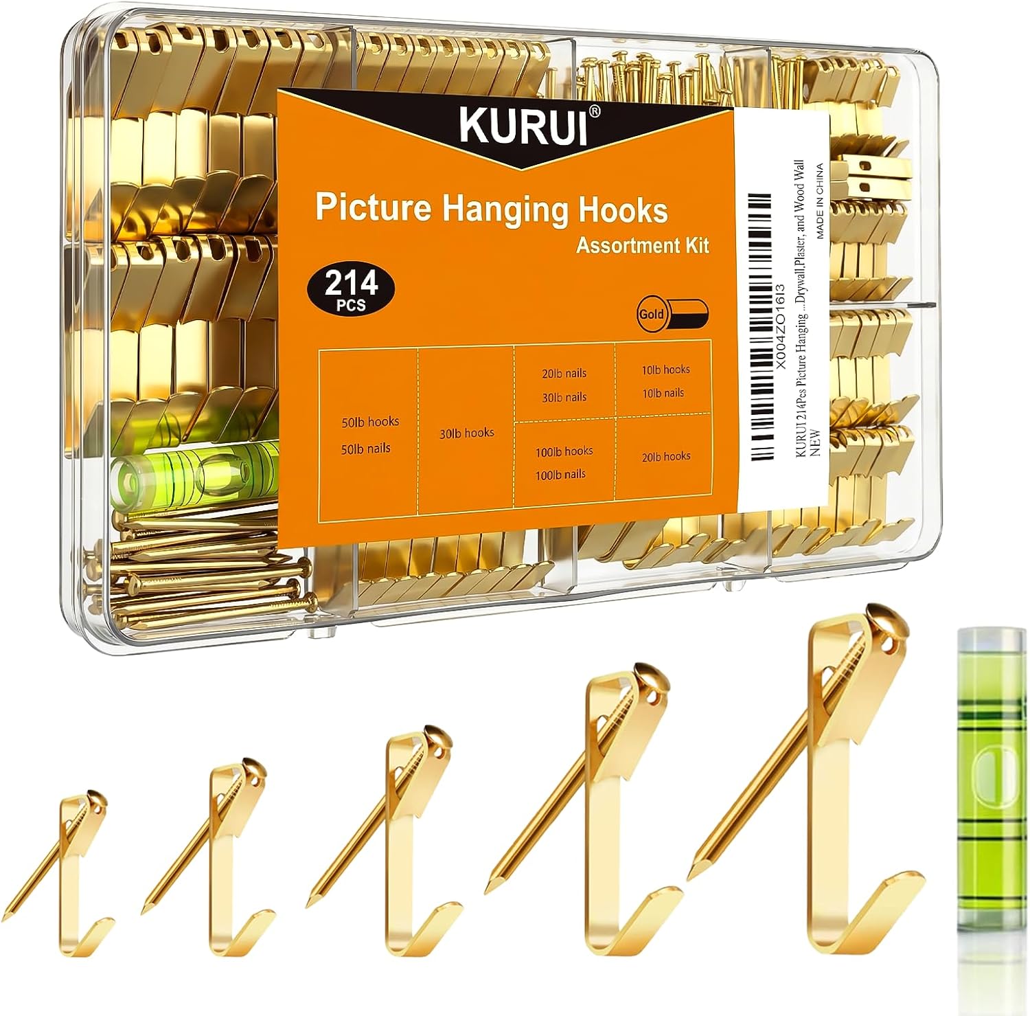 KURUI 214Pcs Picture Hanging Hooks, Renter Friendly Picture Hanging Kit with Heavy Duty Picture Hangers and Hardware Nails, for Frame, Painting, Art and Photo, on Drywall,Plaster, and Wood Wall