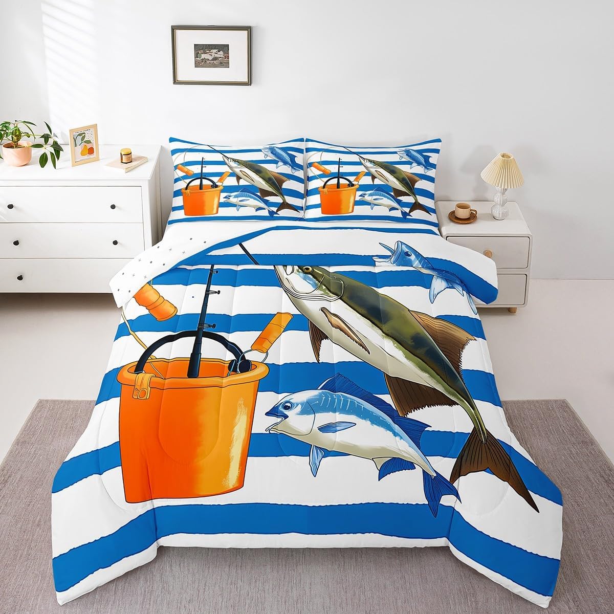 jejeloiu Crab Comforter Set Twin Size Fish Scales Print Bedding Set Kids Boys Girls Summer Ocean Sea Marine Creature Sealife Animal Comforter Geometric Stripes Quilt Set