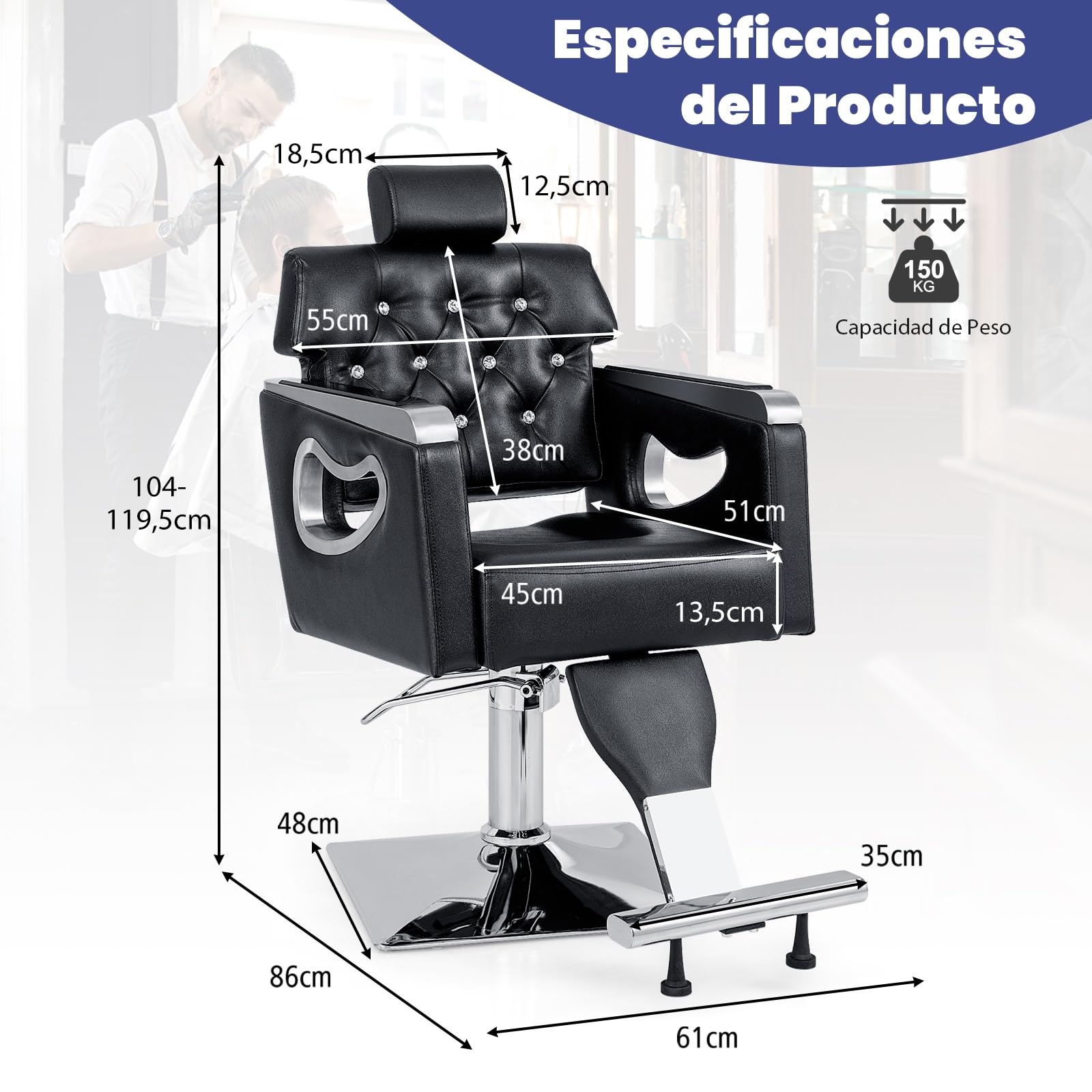 RELAX4LIFE Silla Peluquería Giratoria 360° con Respaldo Inclinable y Reposacabezas Ajustable en 6 Niveles, Sillón Barbero Hidráulico para Salón de SPA y Belleza, Barbería, Carga 150 kg