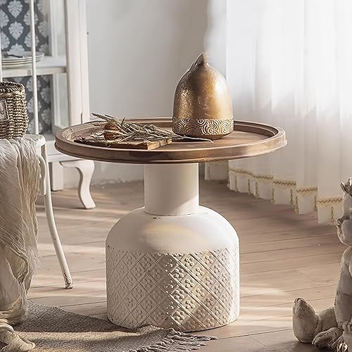 Mesa auxiliar redonda de granja con base de metal, mesas de té laterales rústicas únicas con parte superior de madera, mesa auxiliar bohemia para