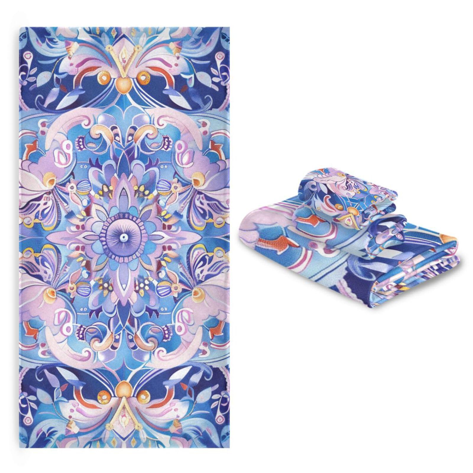 Set di 3 asciugamani decorativi per il viso in stile bohémien, motivo floreale viola, 1 asciugamano da bagno, 1 asciugamano per mani, 1 panno per la casa, cucina, hotel, palestra, nuoto, spa