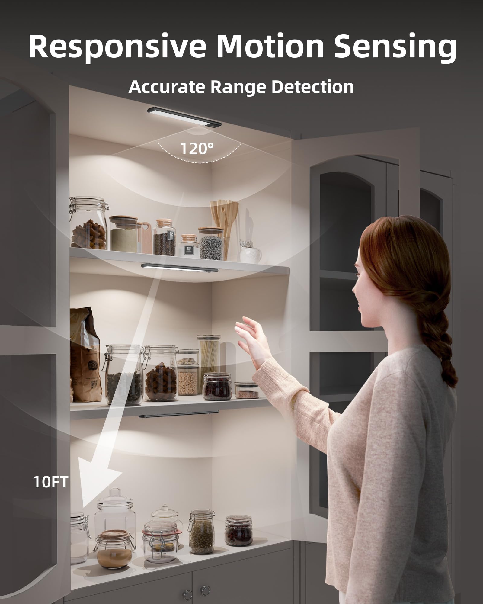 EZVALO Cucina Armadio Luce LED 20CM, 62 LED con Rilevatore di Movimento, 3 Modalità di Colore Dimmerabile Luci Armadio Ricaricabile senza Fili per Armadio, Cucina, Scale, Nero (2 Pezzi)