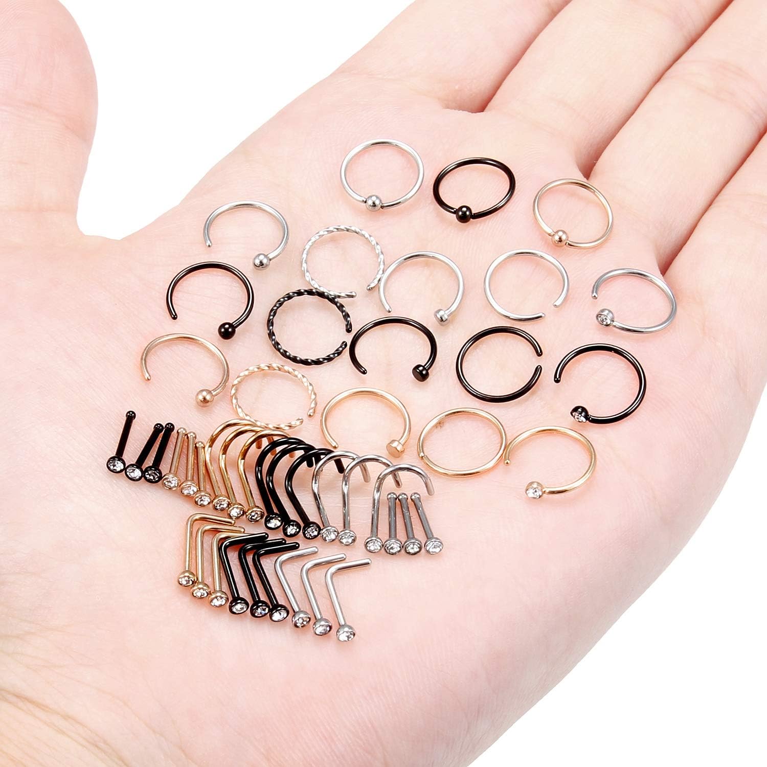 20g Nose Rings Studs Surgical Steel Nose Rings Hoop Piercing Jewelry for Women Men Set 45pcs