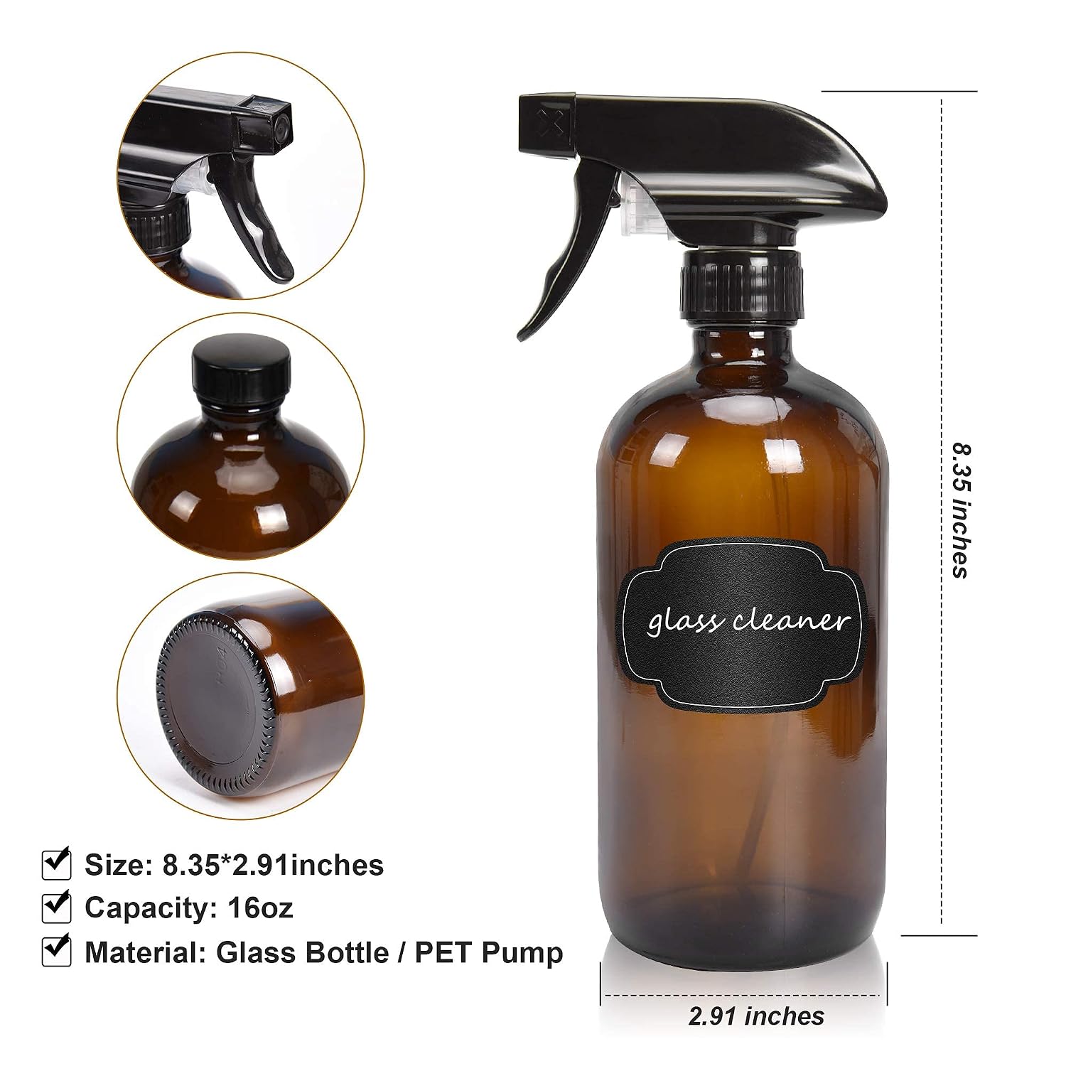 ULG Empty Amber Glass Spray Bottles 16 oz 3 Pieces Boston Round Scale Bottle Refillable Container Heavy Duty Trigger Sprayer with Mist and Stream Settings for Essential Oils, Cleaning Products