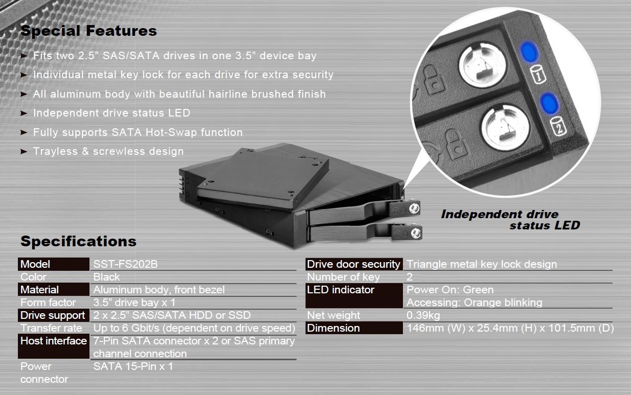SilverStone SST-FS202B – aluminiowa taca bez tacy przenośna płyta montażowa / wewnętrzna obudowa dysku twardego do 2 x 2,5 cala SAS/SATA HDD lub SSD, pasuje do każdej kieszeni na dysk 3,5 cala, z zamkiem, czarna
