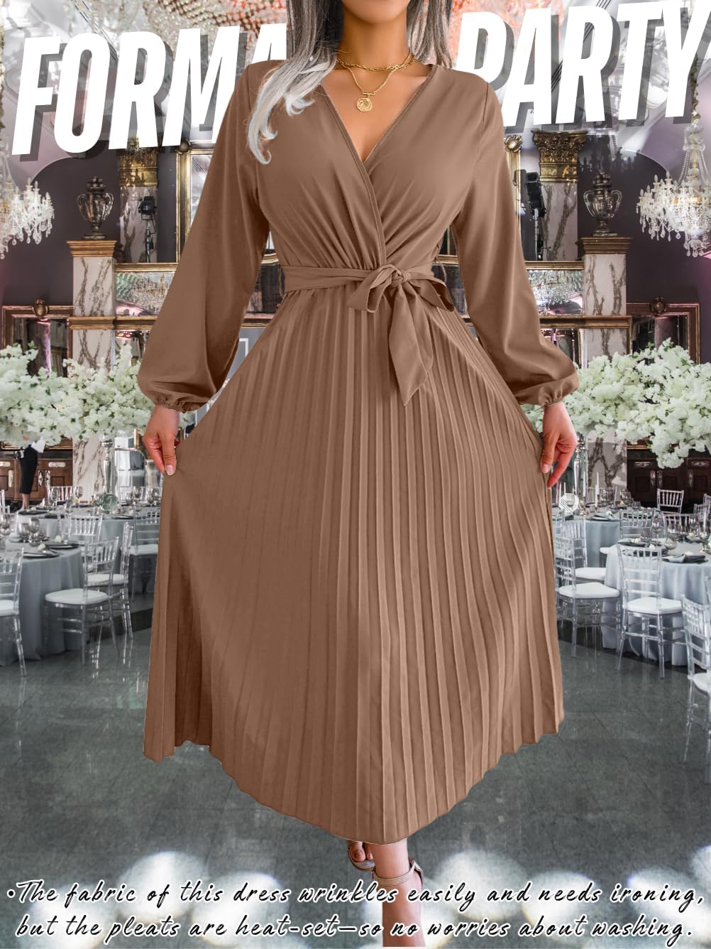 Women's Pleated Maxi Wrap Dress, Modest V-Neck Puff Sleeve Flowy Dresses for Business Casual Church Vacation - Image 2