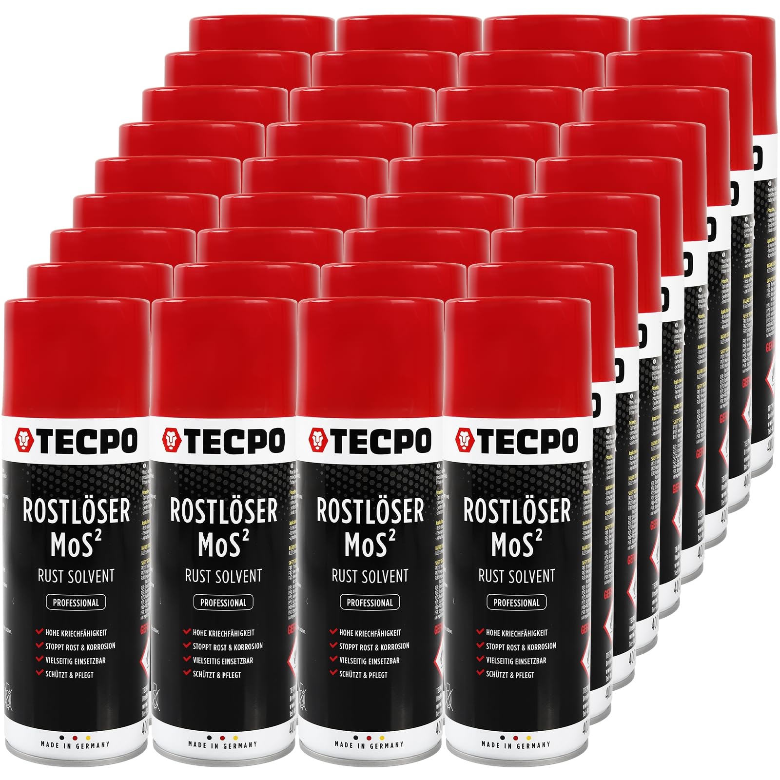 TECPO MoS² - Lote de 36 convertidores de óxido lubricante (400 ml, spray multifunción con protección contra la corrosión y capacidad de fluencia para conexiones oxidadas y oxidadas)