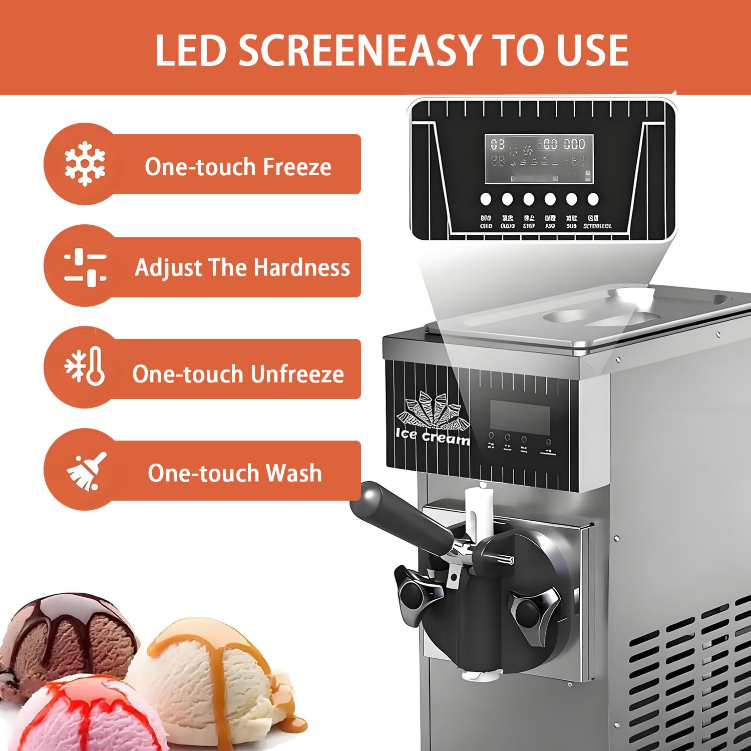 Máquina de Helados de Servicio Suave, encimera 3.5L, 4-5 L/H, Sistema de refrigeración por Aire con Panel led, Ideal para restaurantes y Tiendas
