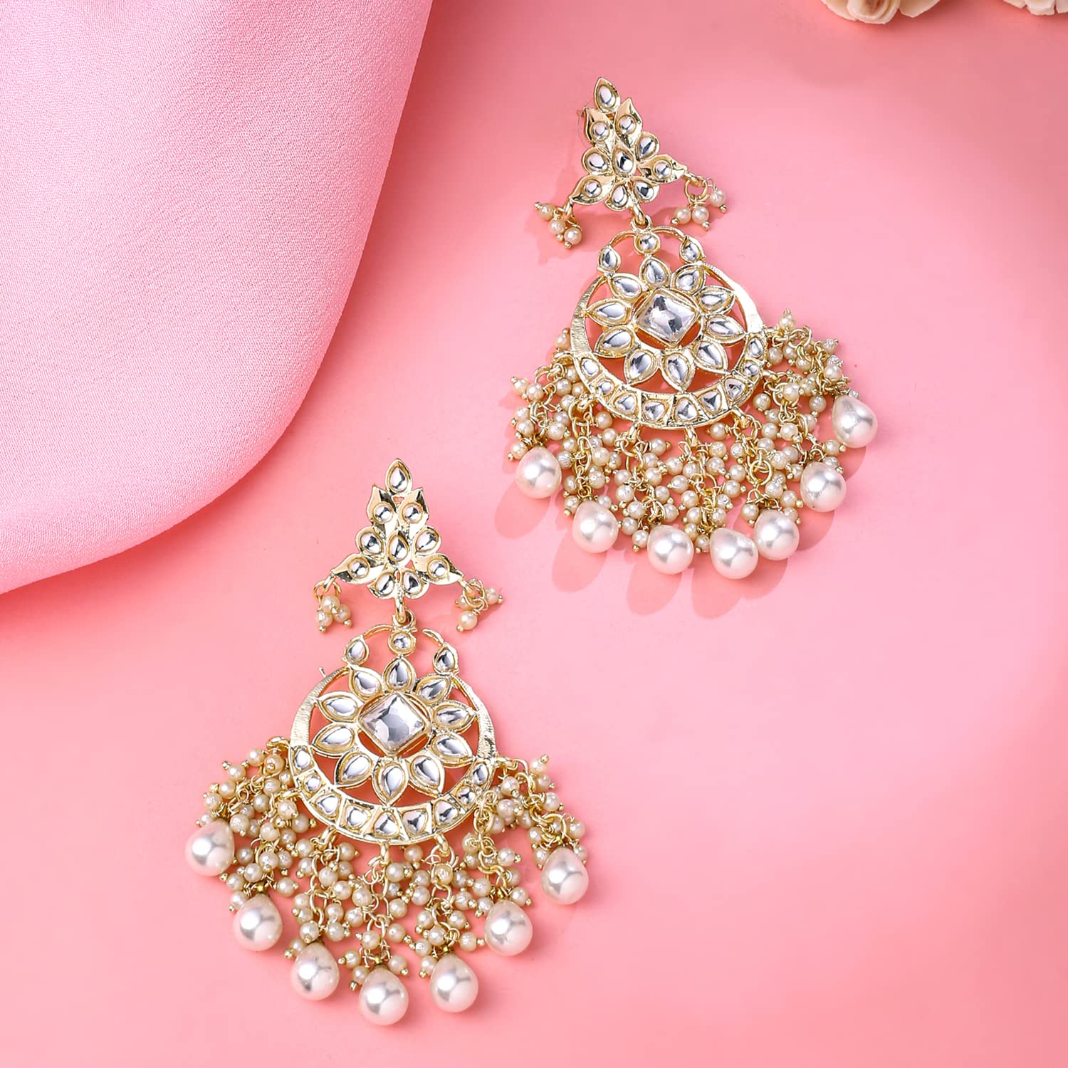 Kundans Chandbali Earrings Plated Studded Beads Drop