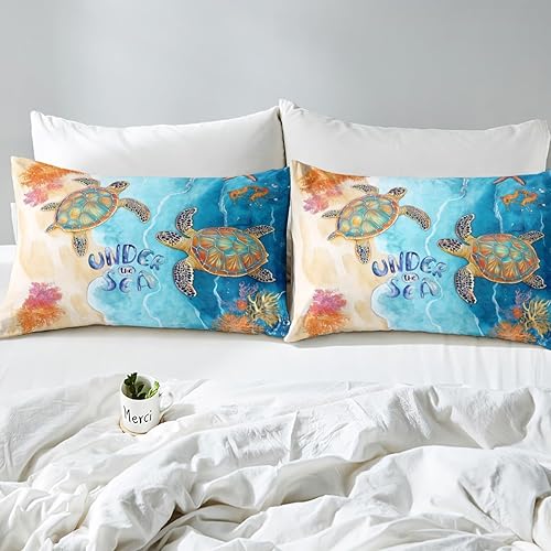 Miniatura 5 de Erosebridal Juego de ropa de cama de tortuga marina tamaño matrimonial para niños y niñas, funda de edredón con temática oceánica, funda de edredón
