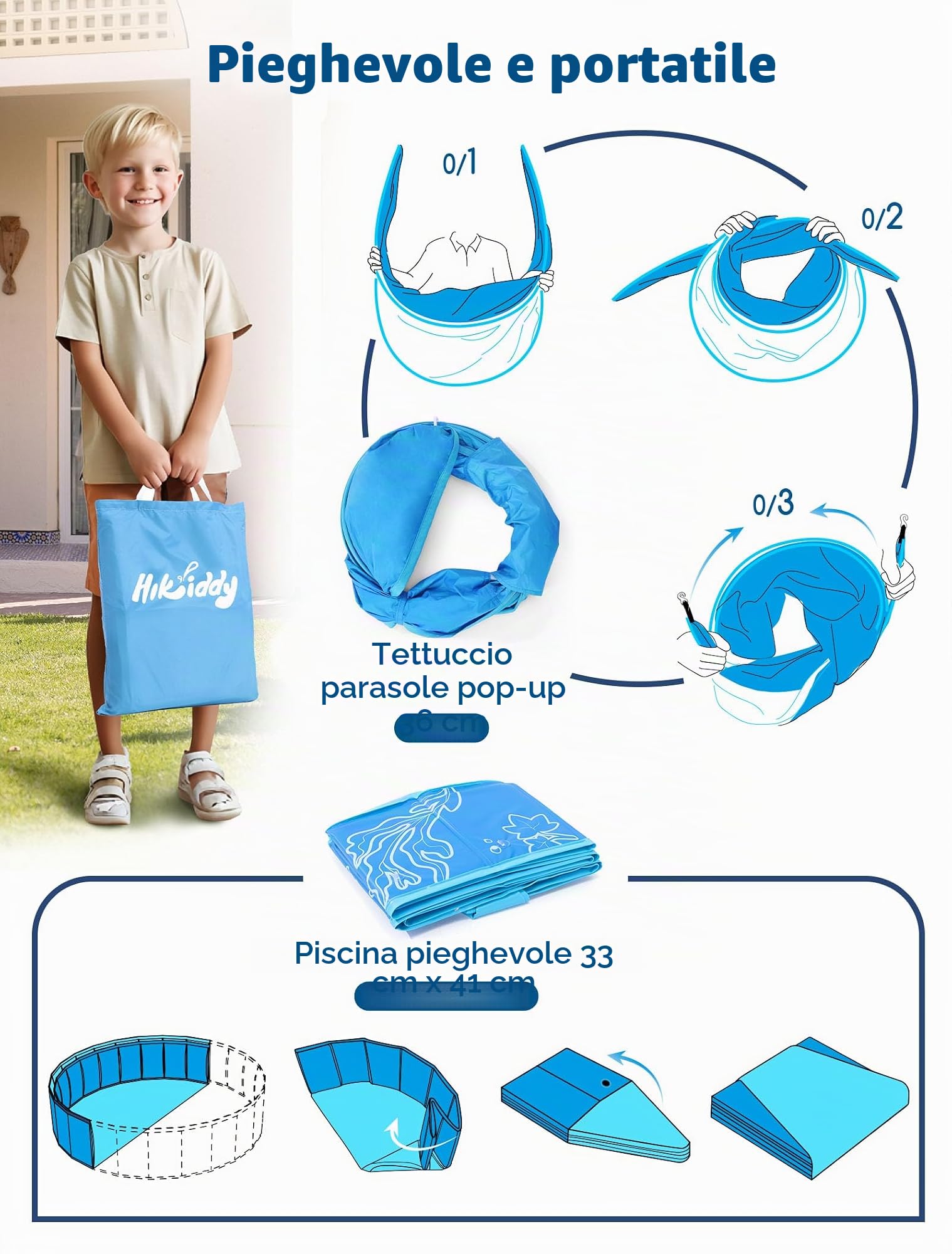 Hikiddy Piscina Pop-up per Bambini con Tettoia: Piscina Parasole per Bambini, Blu