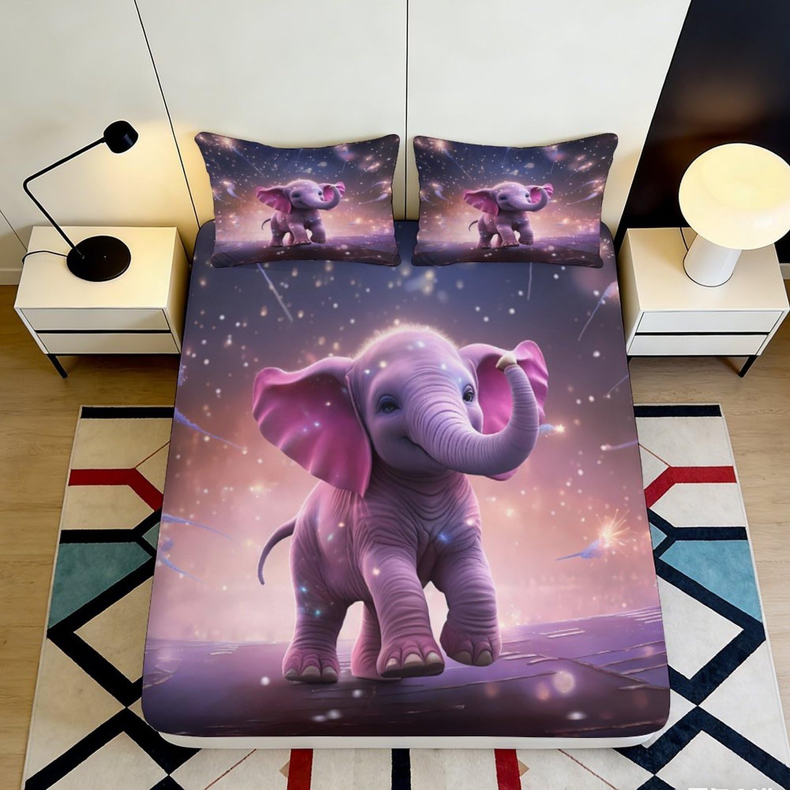 3D Printed Pink Elephant Fitted Sheet Microfiber Soft Bedroom Decor Starry Sky Mattress Cover for Home Dorm 90x200x25cm