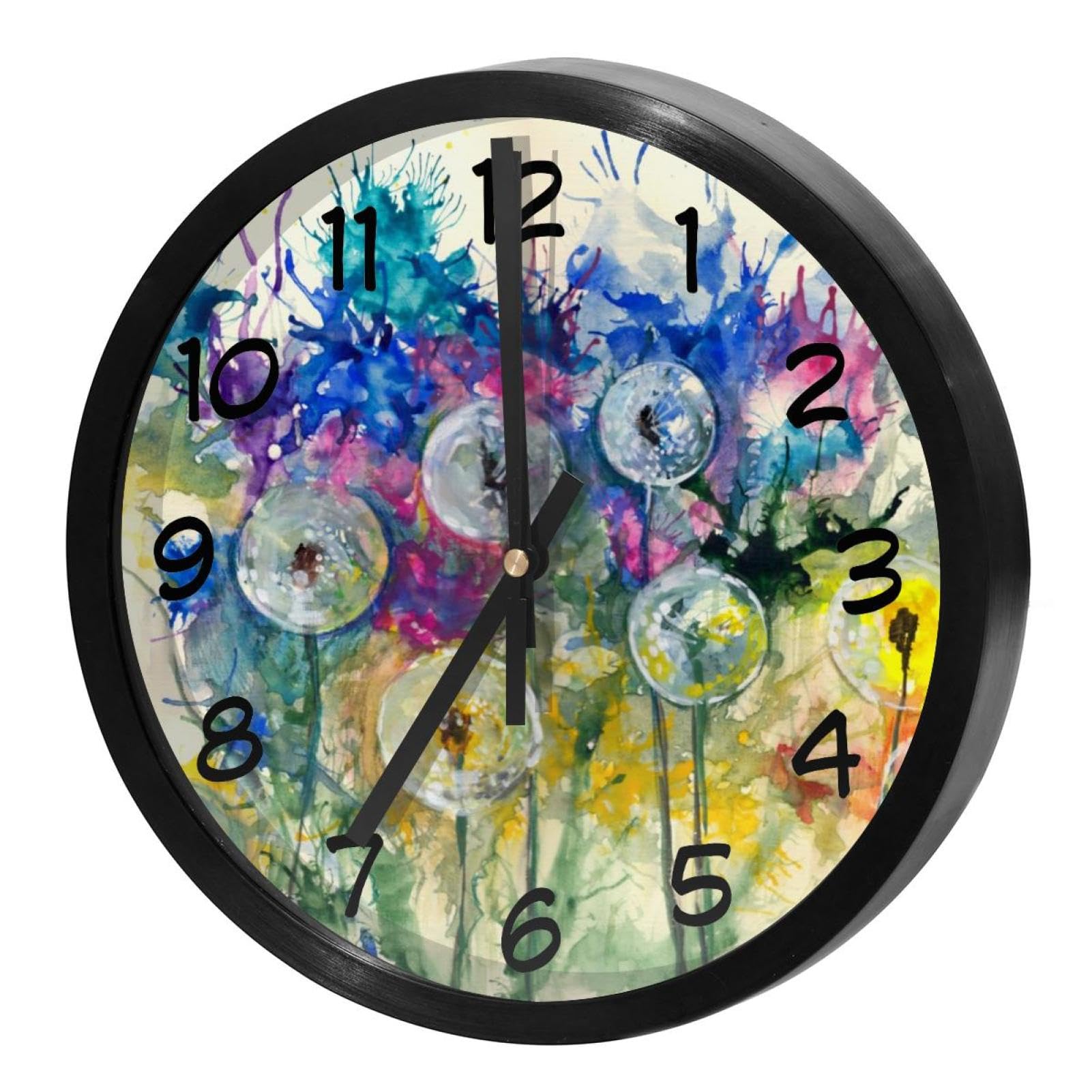 Horloge murale quartz silencieuse ronde avec pissenlit aquarelle
