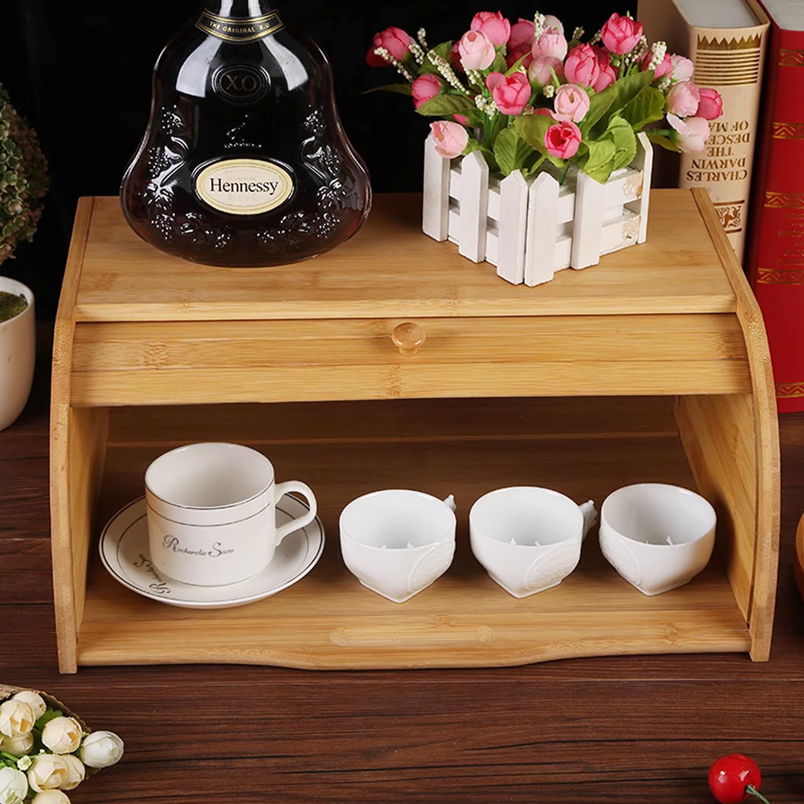 Contenitore per il pane in legno di bambù, 40 x 27 x 16,5 cm, contenitore per il pane in legno con coperchio arrotolabile, contenitore per pane sul piano di lavoro, portapane da cucina