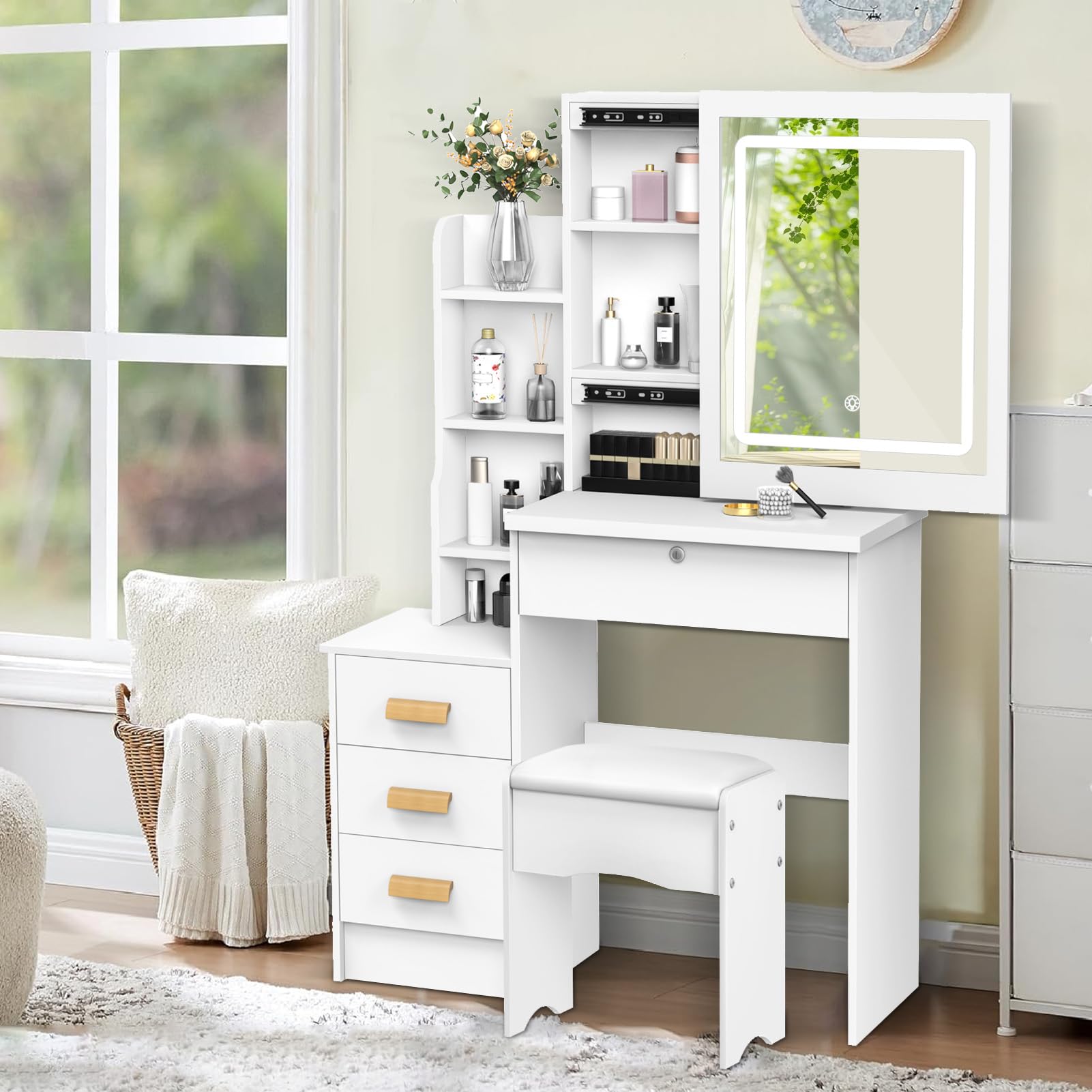 Coiffeuse avec miroir et banc, 2 tiroirs, Blanc