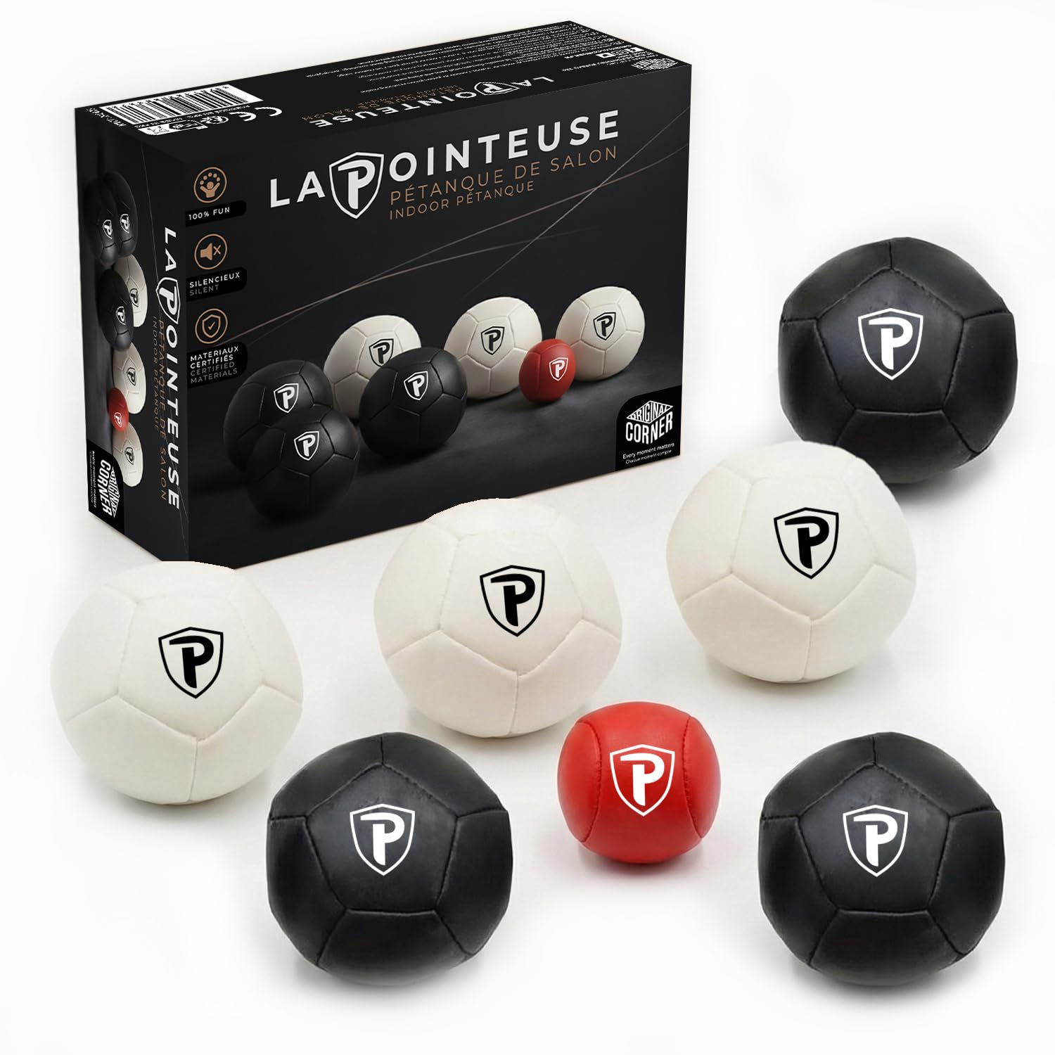 LA POINTEUSE – Juego de Petanca para Interior – 6 Bolas, 1 Boliche, 1 Bolsa de Transporte – Nueva Versión con Costuras Reforzadas – para Niños y Adultos – Original Corner