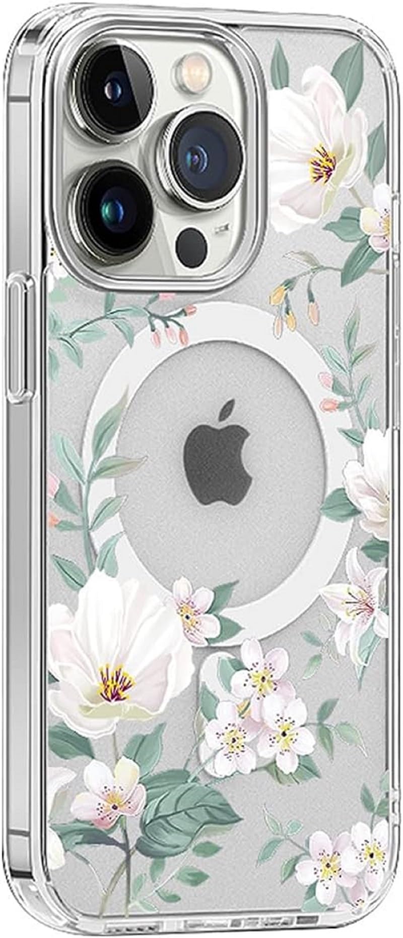 KELUOAS Clear Magnetic Case for iPhone 15 Phone Case [Compatible with MagSafe Charger] Gardenia Floral Print Pattern Slim Anti-Scratch Cover for Women