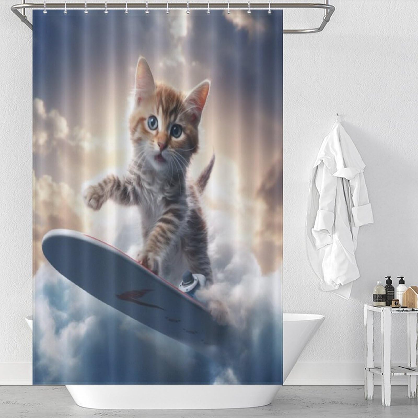Rideau de douche chat mignon imperméable 122x183cm pour baignoire et douche de maison
