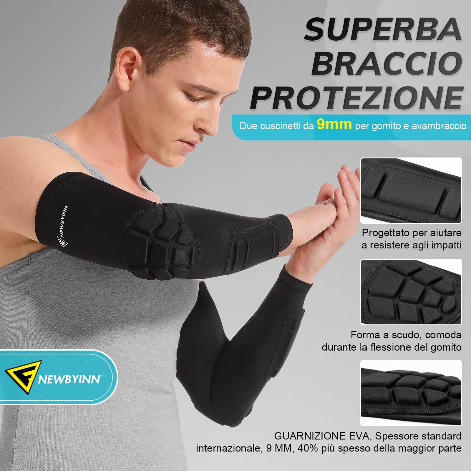Newbyinn Gomitiere Portiere Calcio, Gomitiere Palestra Braccioli Imbottiti Manicotti Pallavolo, Manicotto Epicondilite Padel Gomitiera MTB, Nero